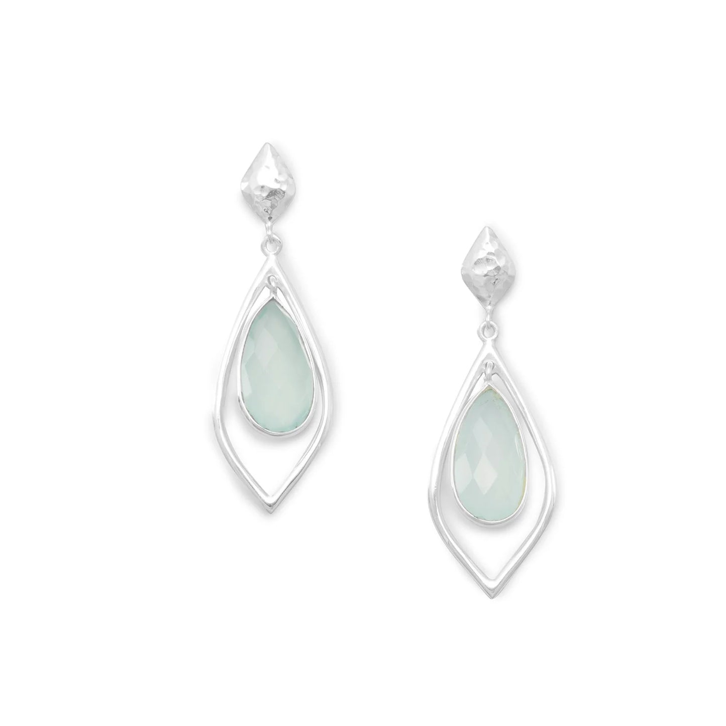 Sterling Silver Green Chalcedony Drop Earrings, Hammered Design, Pear Shape, 42mm Length, Post Back