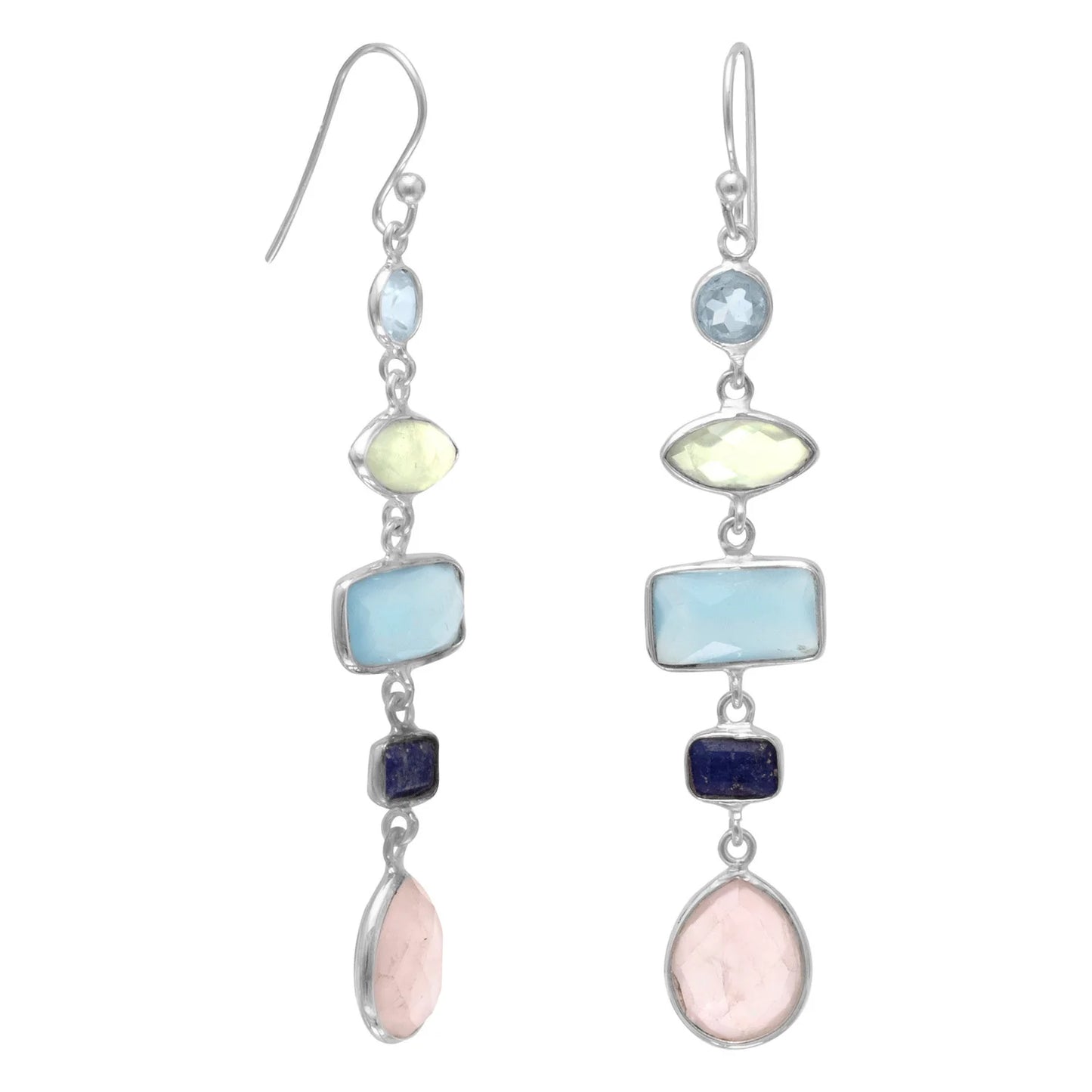 Sterling Silver Multistone Drop Earrings, Blue Topaz, Prehnite, Chalcedony, Lapis, Rose Quartz, 2.5 Inch Length