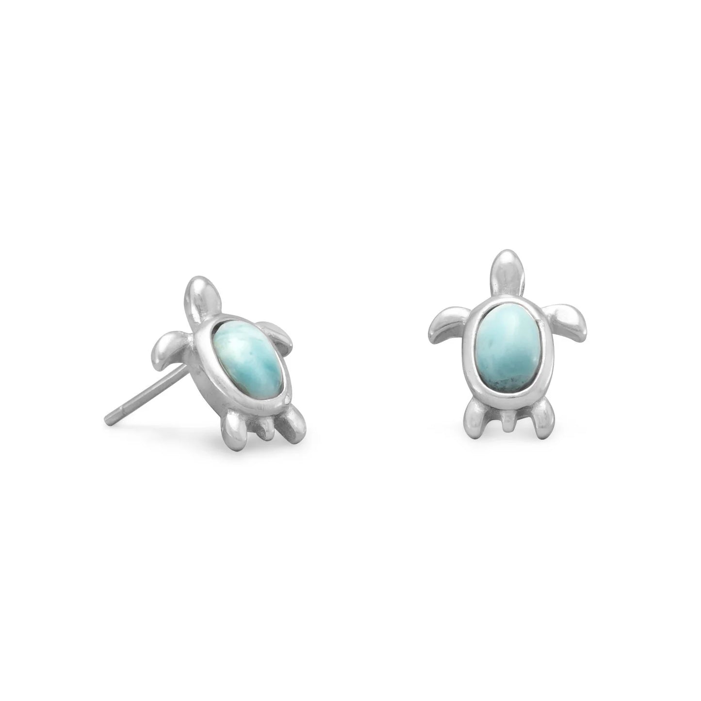Sterling Silver Larimar Sea Turtle Stud Earrings, Rhodium Plated, 12mm with 6mm Center Stone