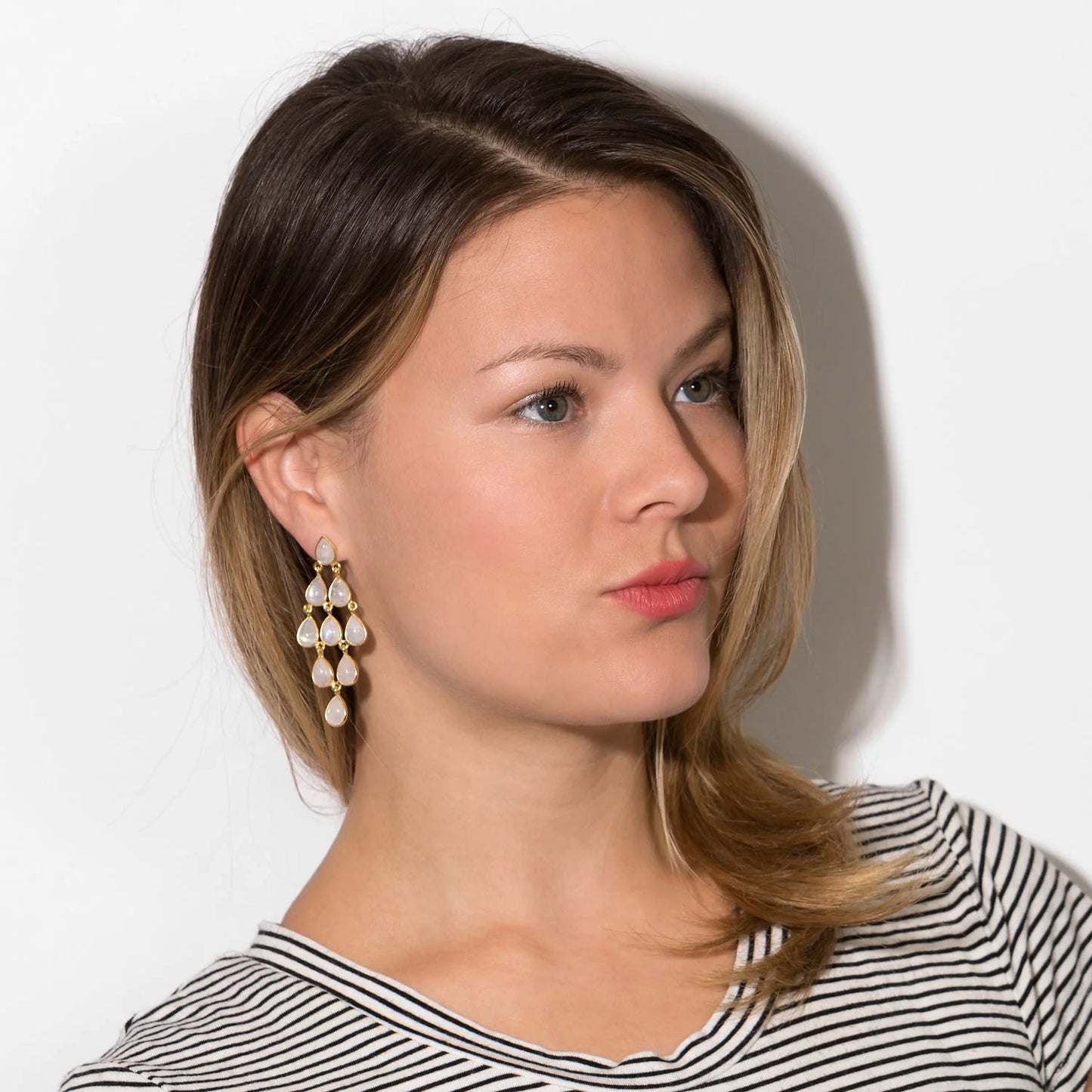 14 Karat Gold Plated Sterling Silver Rainbow Moonstone Chandelier Earrings, Pear Shape, 2.5 Inch Drop, 9 Stone