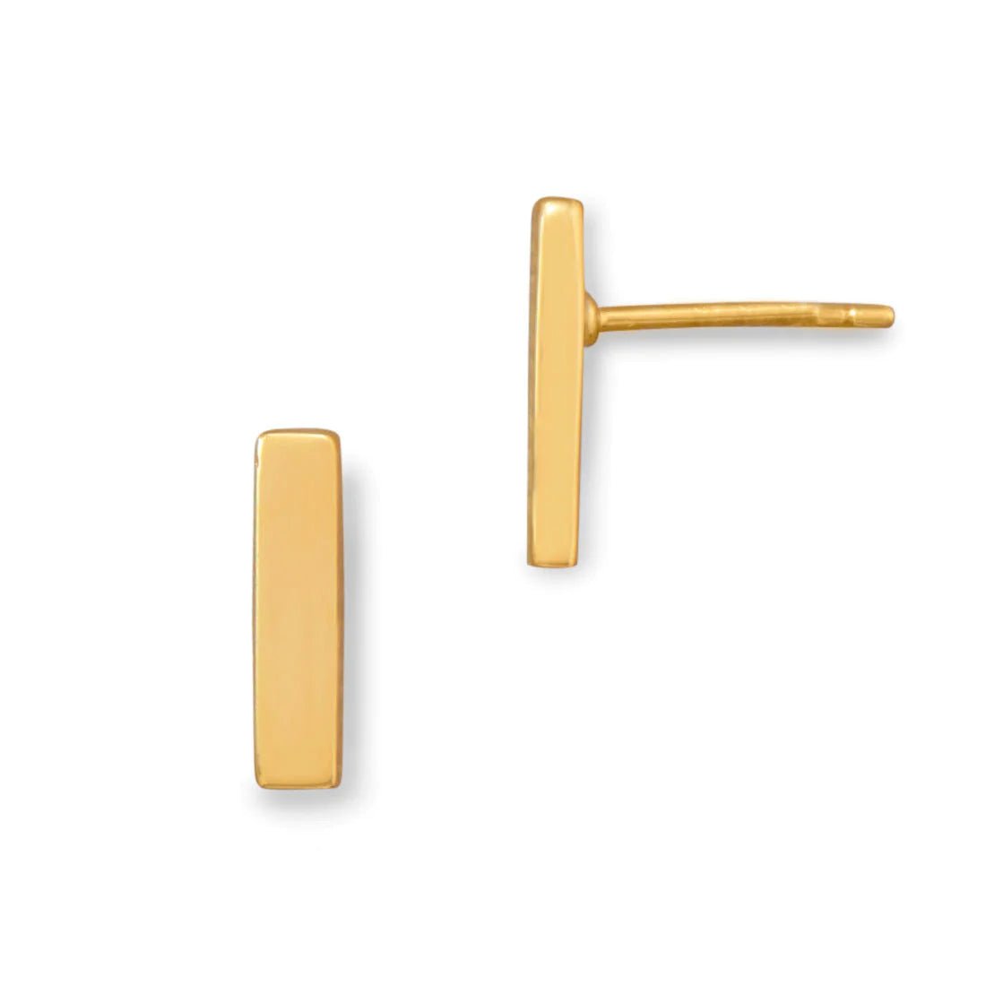 14 Karat Gold Plated Sterling Silver Bar Stud Earrings, 3mm x 13mm, Post Back, 1.8mm Thick