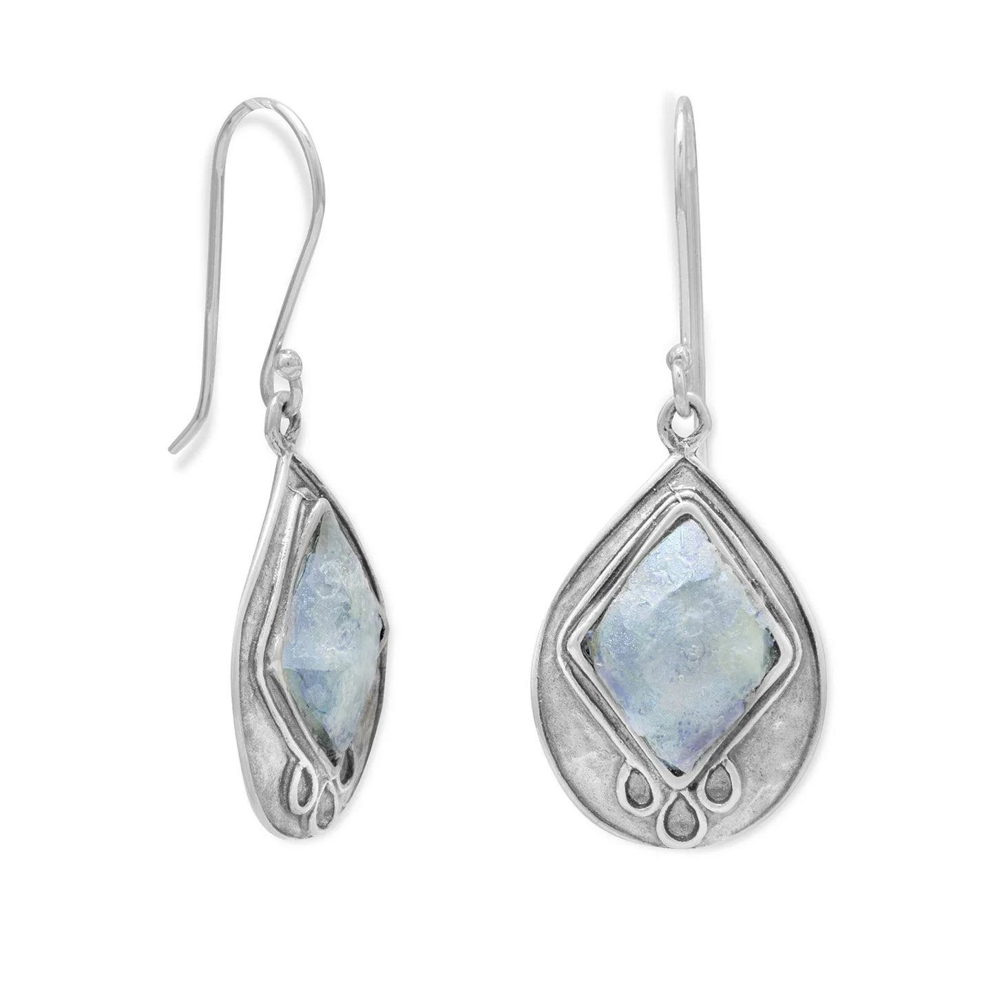 Ancient Roman Glass Pear Drop Earrings, Sterling Silver, Textured Diamond Shape, 39mm Length, French Wire