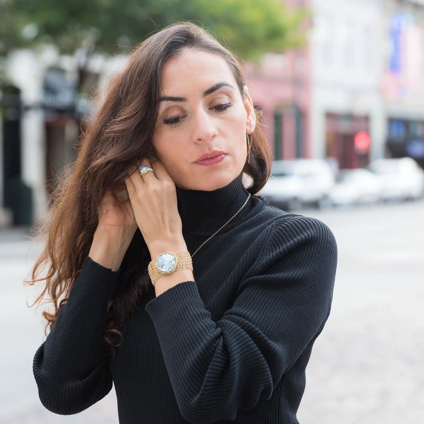 Ancient Roman Glass Ring, 18K Gold Plated Sterling Silver, Two-Tone, 9mm Glass with Hammered Band, Sizes 6-10