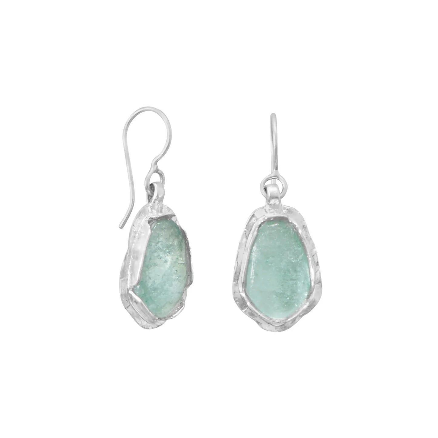 Sterling Silver Ancient Roman Glass Drop Earrings, Green Pear Shape, 39mm Length, Polished Finish, French Wire