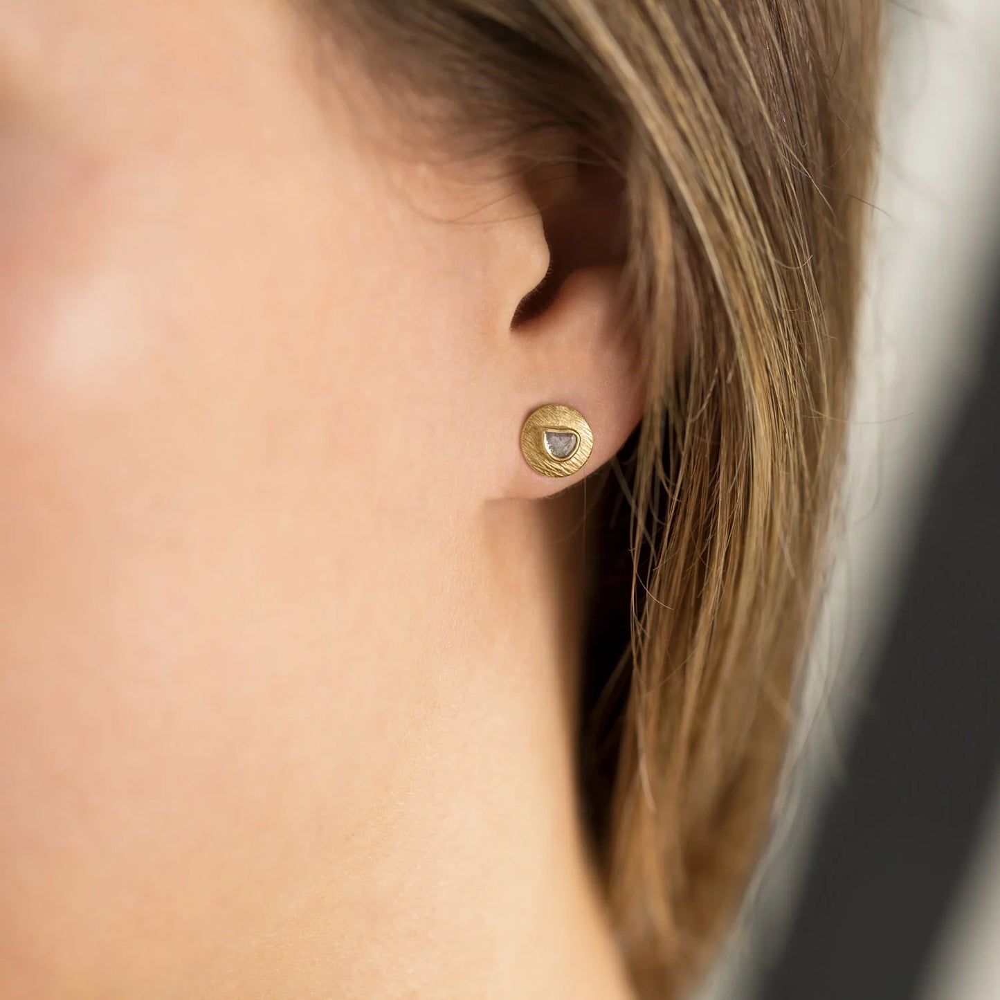 14 Karat Gold Plated Sterling Silver Stud Earrings with Polki Diamond, Natural Uncut Diamond Slices