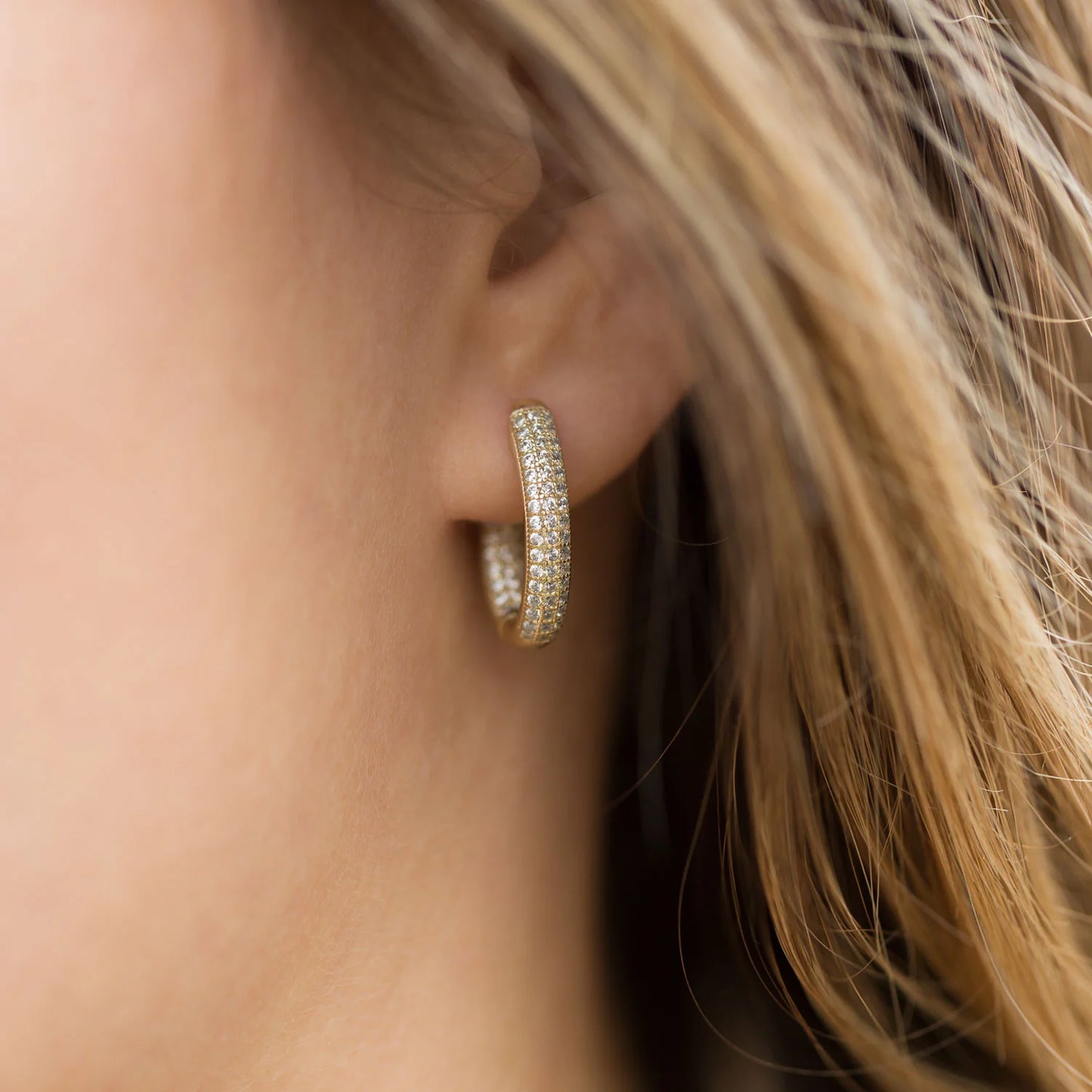 Sterling Silver CZ In/Out Hoop Earrings, 14K Gold Plated, 16.5mm Length, 3.8mm Three Row Design