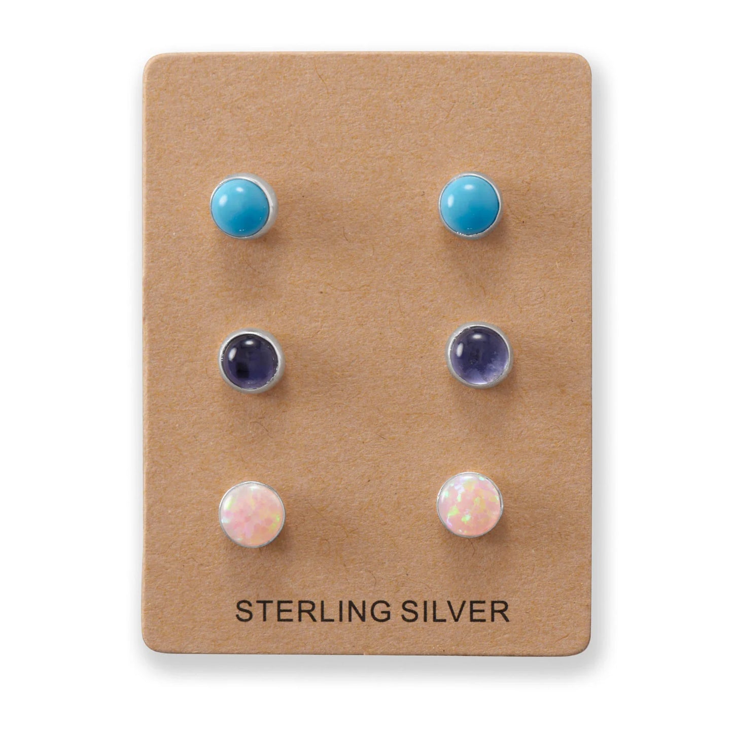 Sterling Silver 3-Piece Button Stud Earring Set, Pink Opal, Turquoise, Iolite, 4.4mm