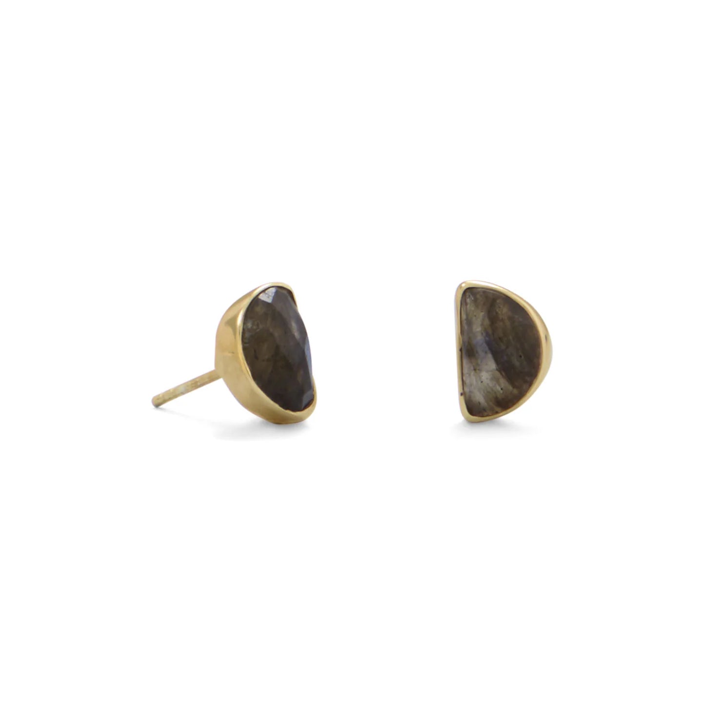 14k Gold Plated Sterling Silver Half Moon Labradorite Stud Earrings, Faceted Bezel Set, 6mm x 10mm