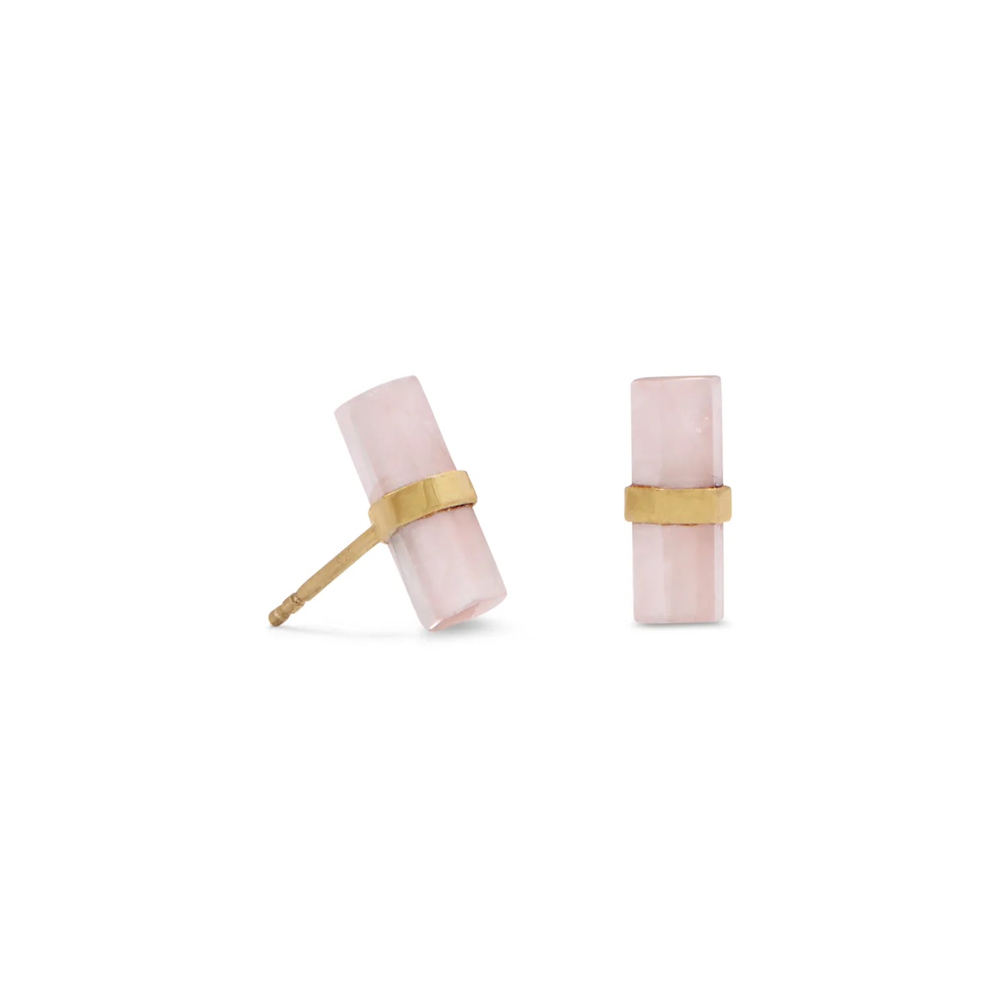 14 Karat Gold Plated Sterling Silver Rose Quartz Pencil Cut Stud Earrings, 4mm x 13mm