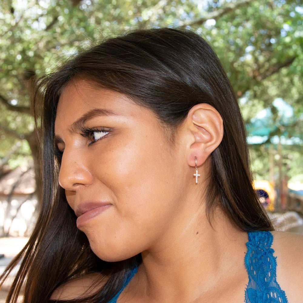 Sterling Silver Rose Gold Plated Hoop Earrings with CZ Cross, 14K Plated, 11.4mm Diameter, 25mm Drop Length