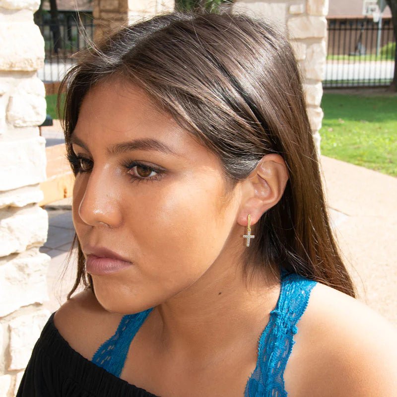 14 Karat Gold Plated Sterling Silver Hoop Earrings with CZ Cross Drops, 11.4mm Diameter, 25mm Hanging Length