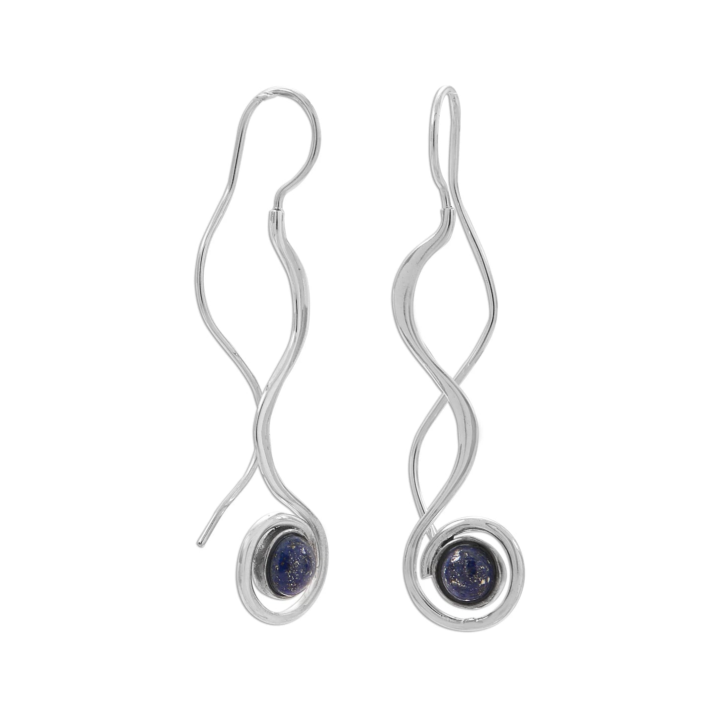 Sterling Silver Long Wavy Threader Earrings with Lapis Stone, 57.4mm Length, Blue