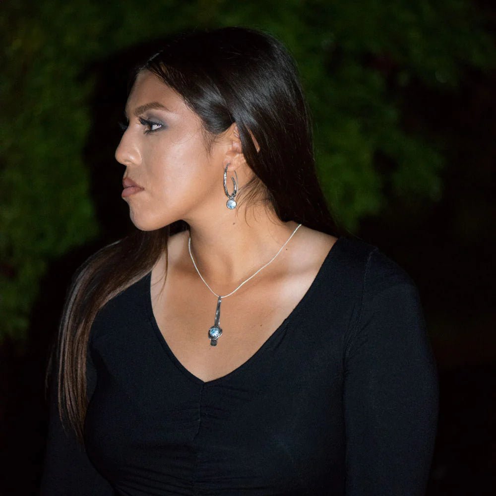 Ancient Roman Glass Sterling Silver Drop Earrings, Oxidized Coil Design, 47.5mm Length, 9mm Glass, .925 Silver