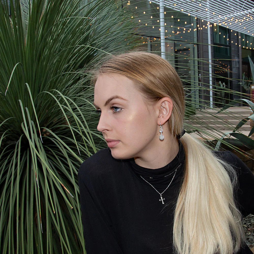 Sterling Silver Hammered Disk Rainbow Moonstone French Wire Dangle Earrings, 37mm Length