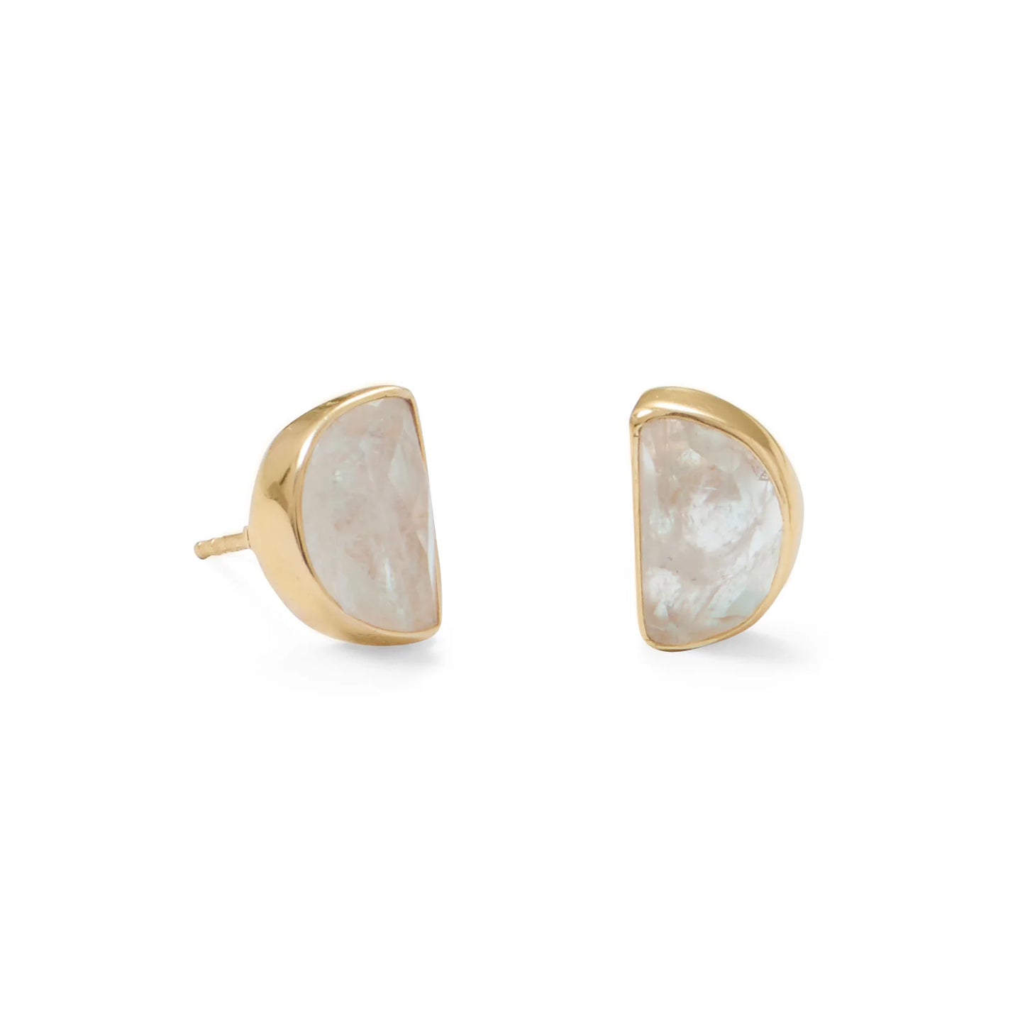 14 Karat Gold Plated Sterling Silver Half Moon Rainbow Moonstone Post Earrings, 6mm x 10mm