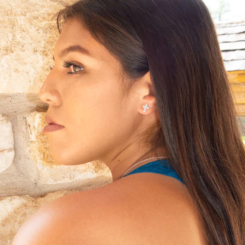 Sterling Silver Cross Stud Earrings with CZ, 8mm x 10.2mm