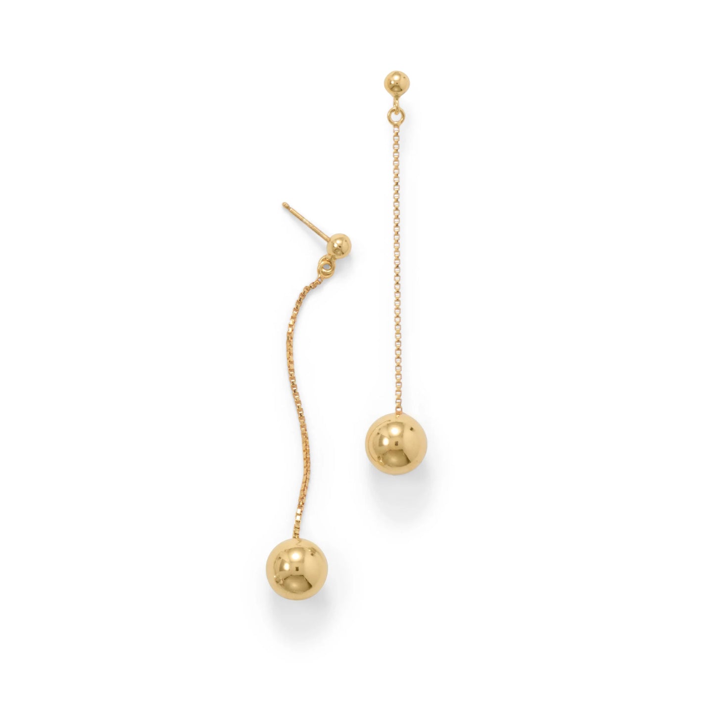 14 Karat Gold Plated Sterling Silver Ball Drop Chain Earrings, 10mm Bead, 2.5 Inch Length