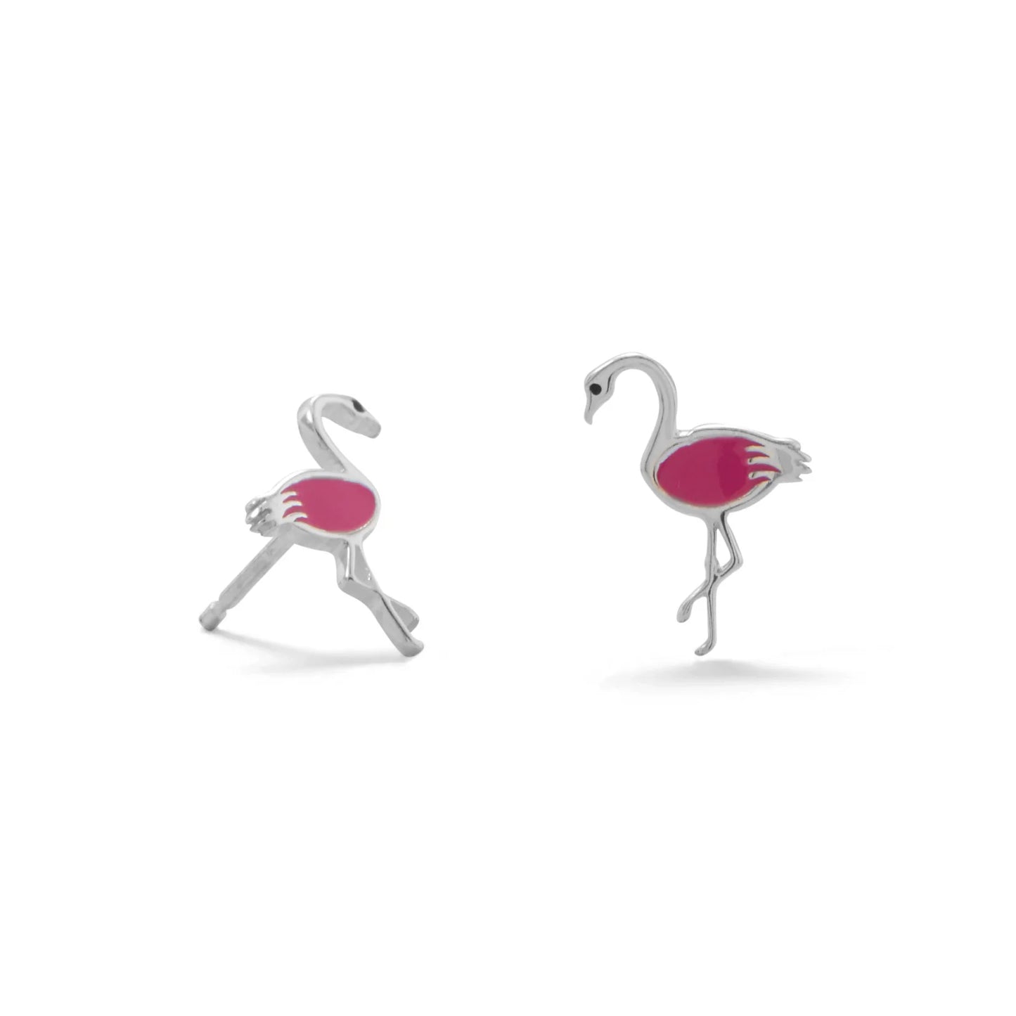 Sterling Silver Pink Enamel Flamingo Post Earrings, Decorative Bird Design, 12.5mm