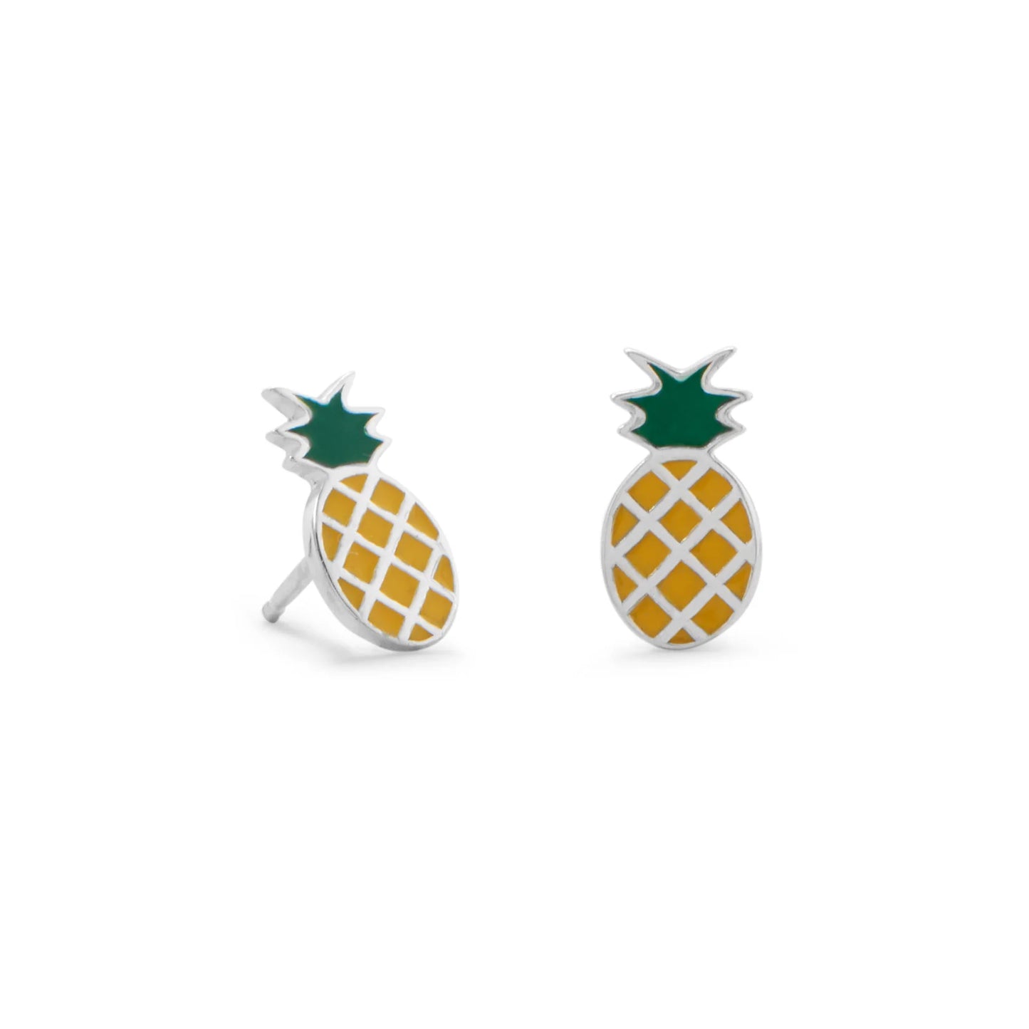 Sterling Silver Pineapple Post Earrings, Yellow Green Enamel Accents, 12mm