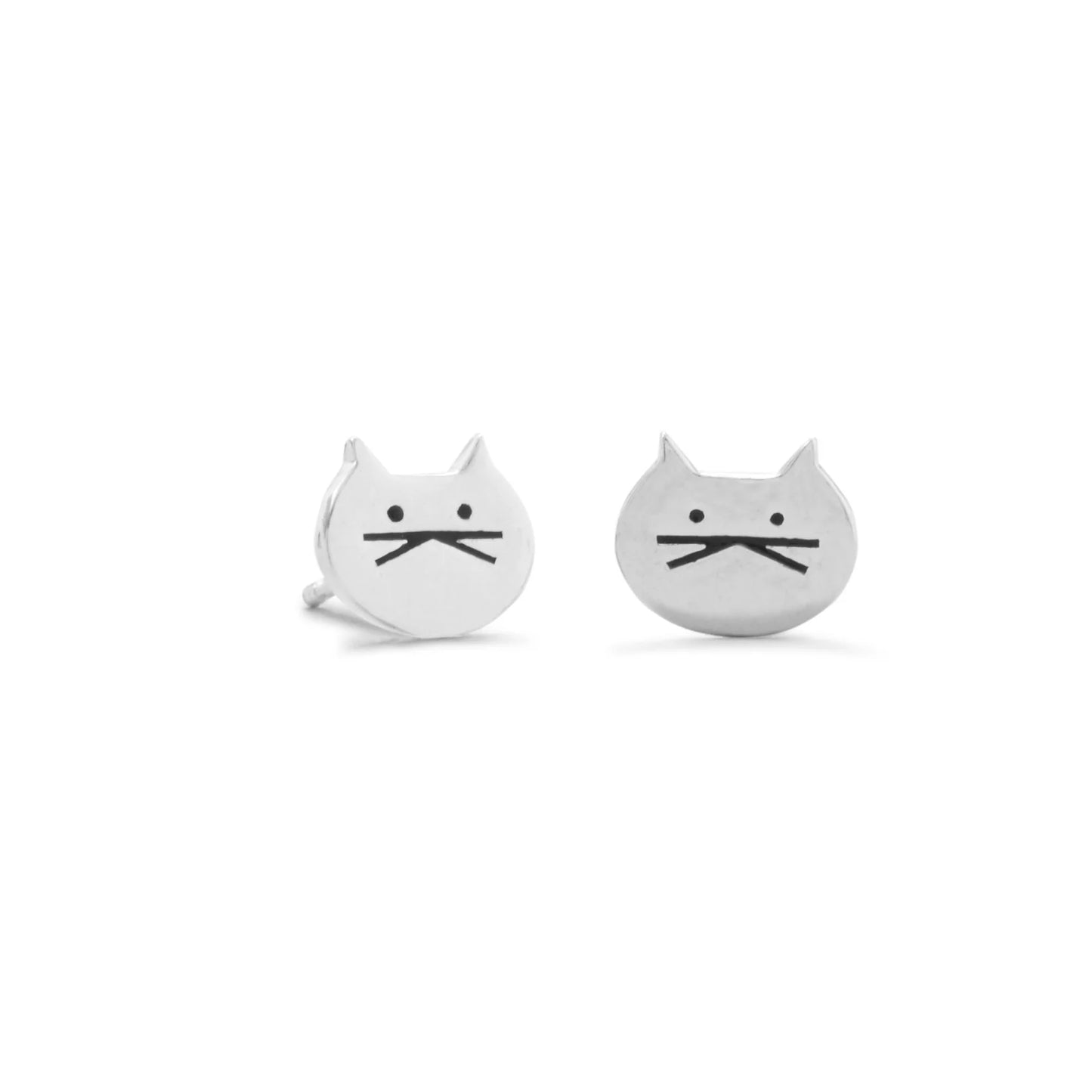 Sterling Silver Cat Face Post Earrings, Polished Finish, 9mm x 7.5mm