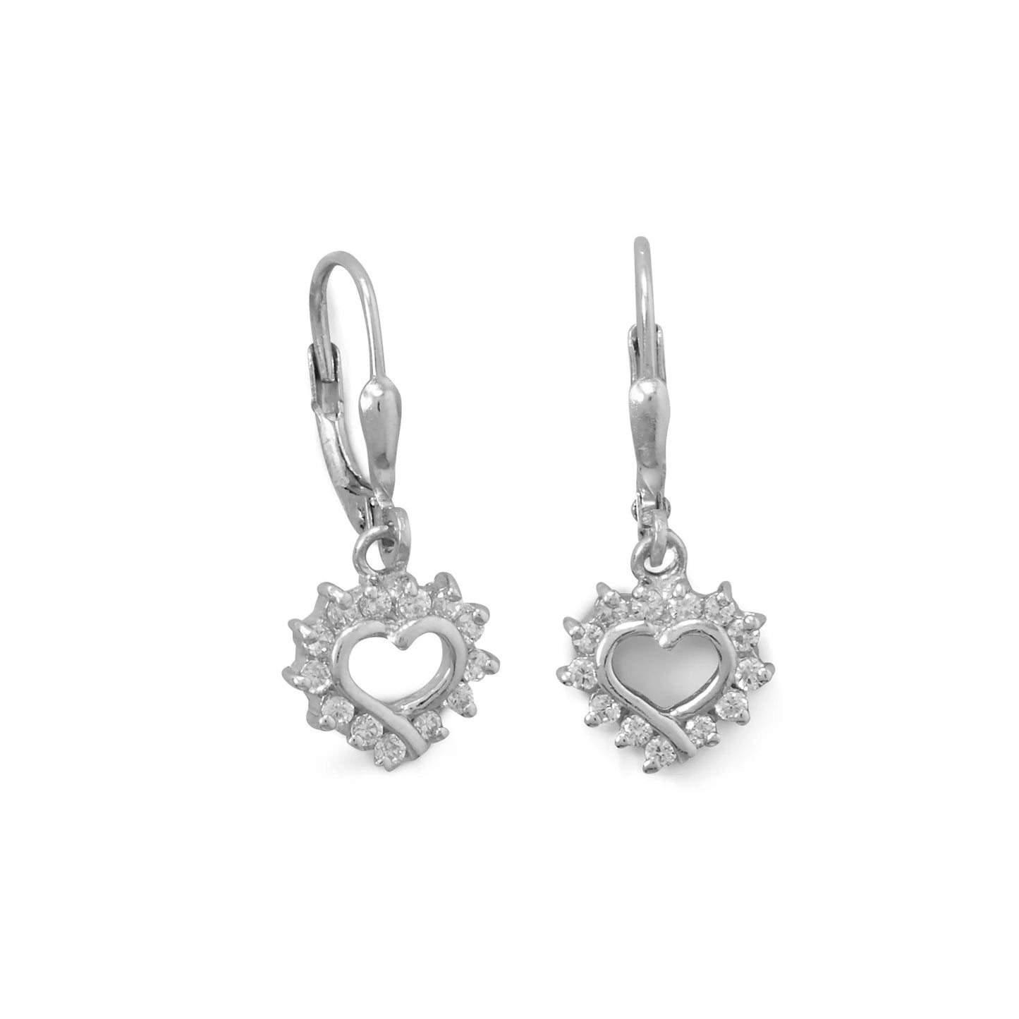 Sterling Silver Rhodium Plated Heart Lever Back Earrings with CZ Halo, 10.4mm x 9.2mm