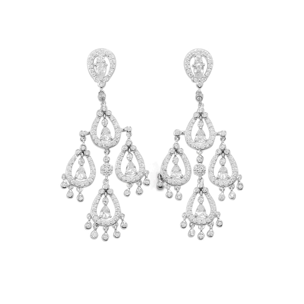 Rhodium Plated CZ Chandelier Earrings