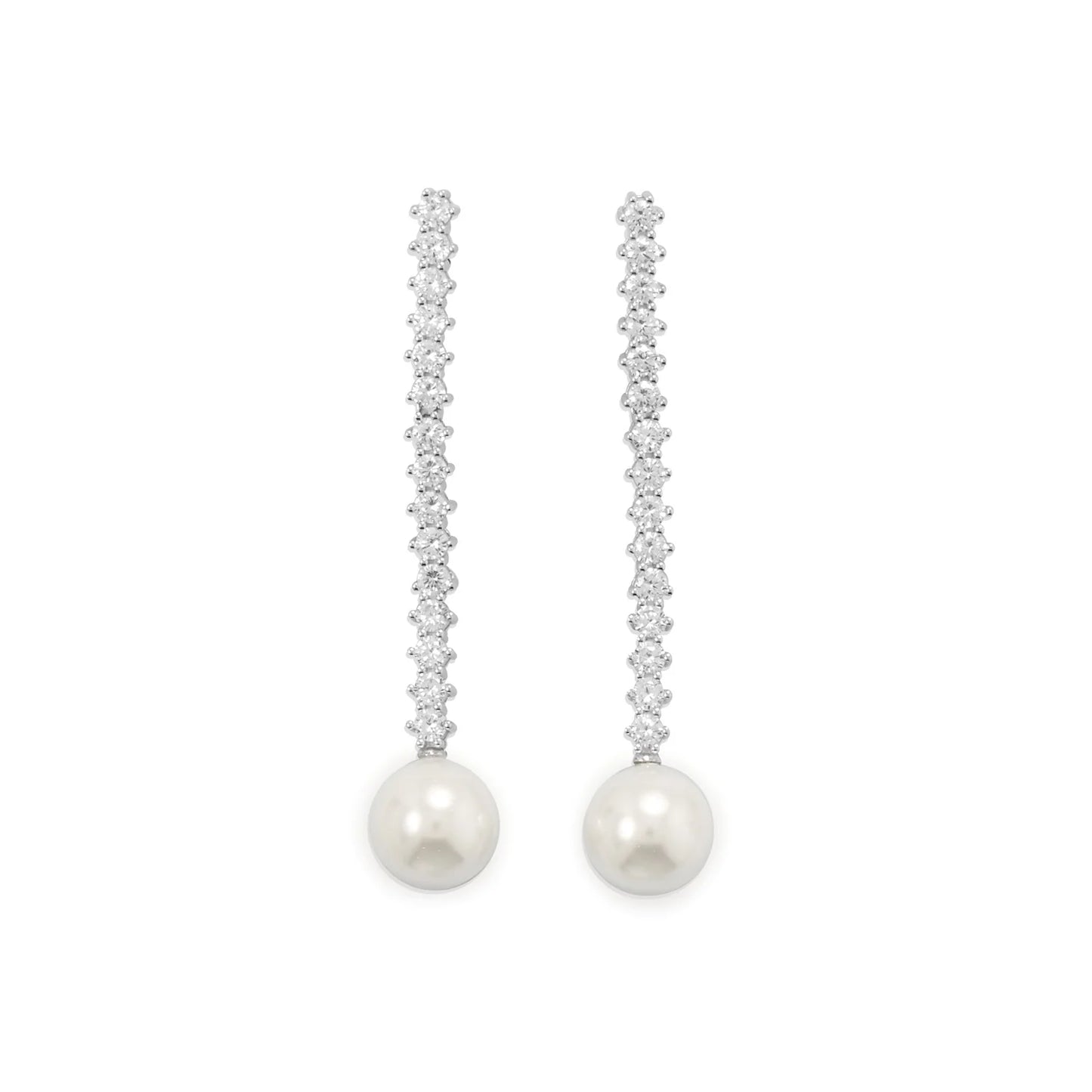 Sterling Silver Rhodium Plated Pearl Drop Earrings, CZ with 12mm Simulated Pearl, 65.5mm Length, Post Back