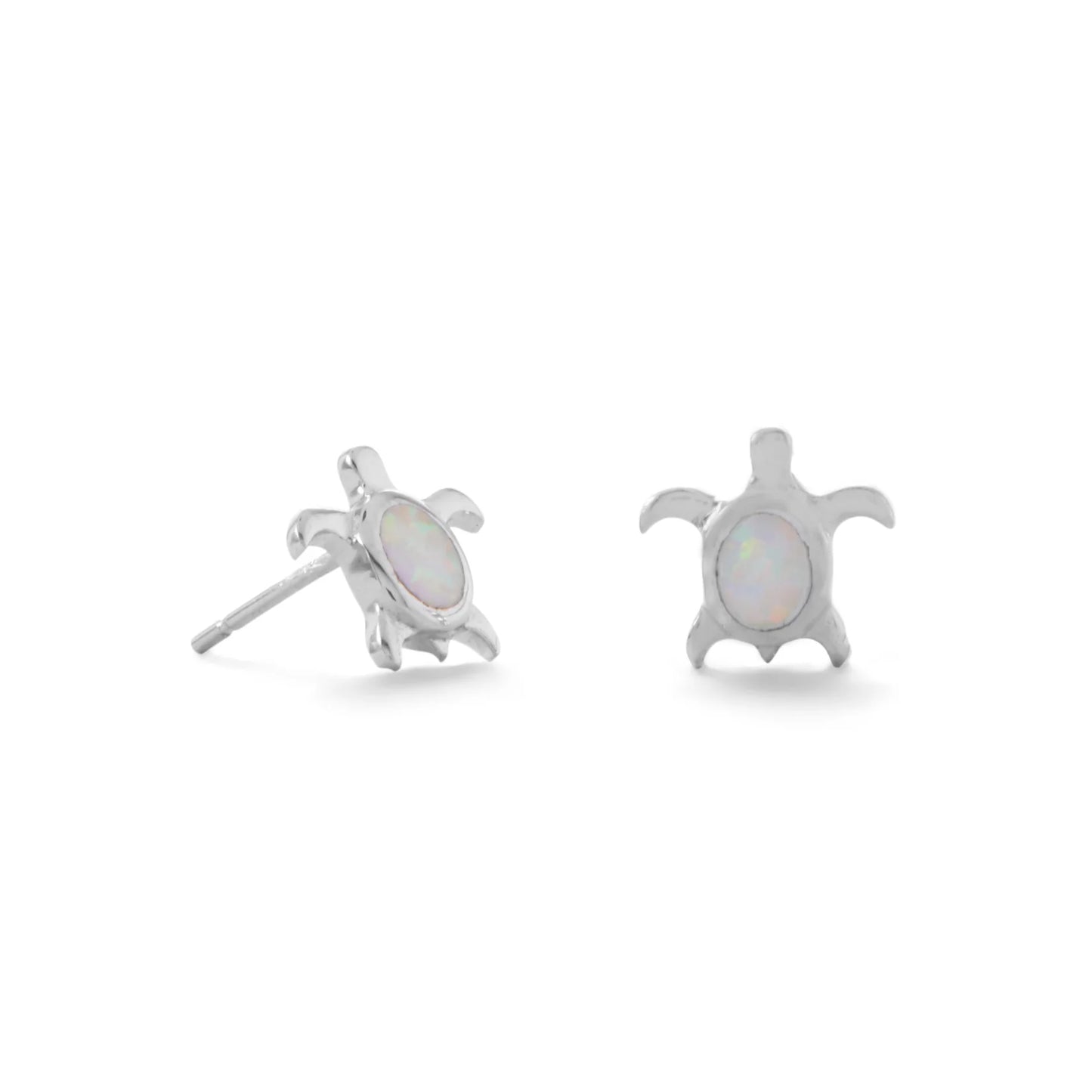 Sterling Silver White Synthetic Opal Turtle Stud Earrings, Rhodium Plated, 3mm x 5mm