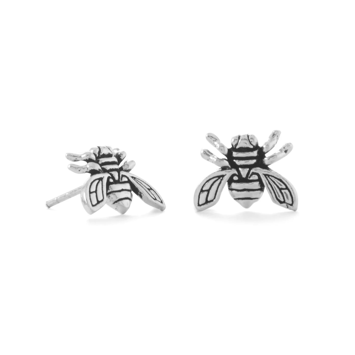 Sterling Silver Oxidized Bee Stud Earrings, 10.5x8mm