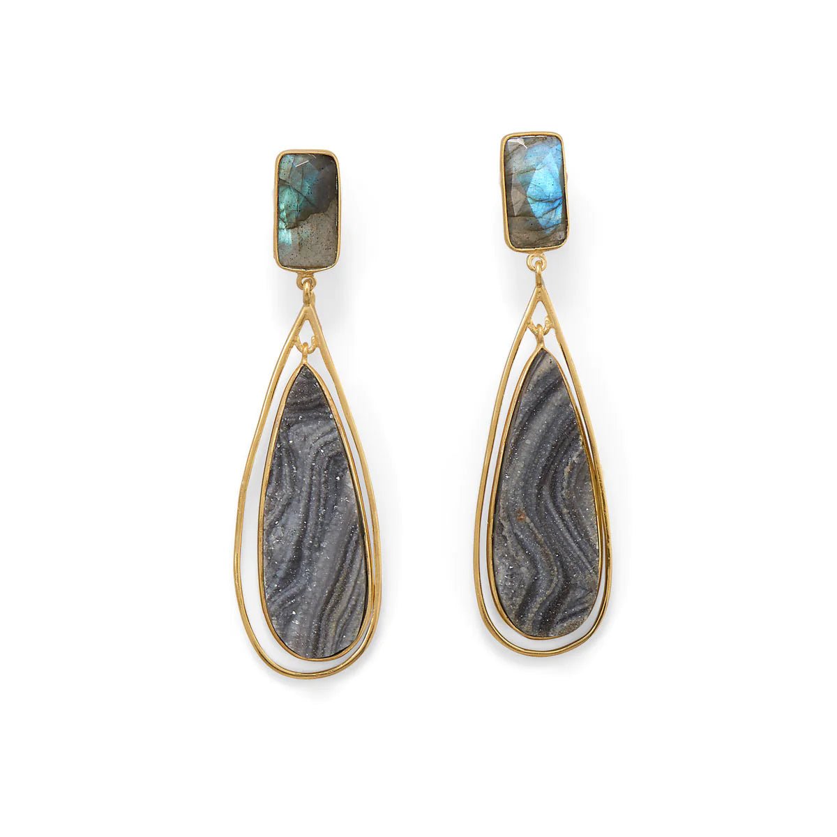 14 Karat Gold Plated Sterling Silver Labradorite Desert Druzy Drop Earrings, 7x14mm Stone, 66.8mm Length