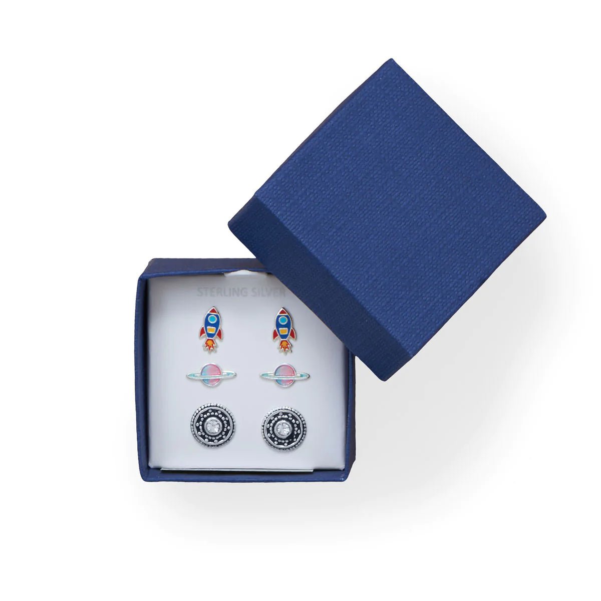 Sterling Silver Space Theme Stud Earring Set, Rocket Planet Disc Design with Crystal, Enamel Accents, 4.8-10mm