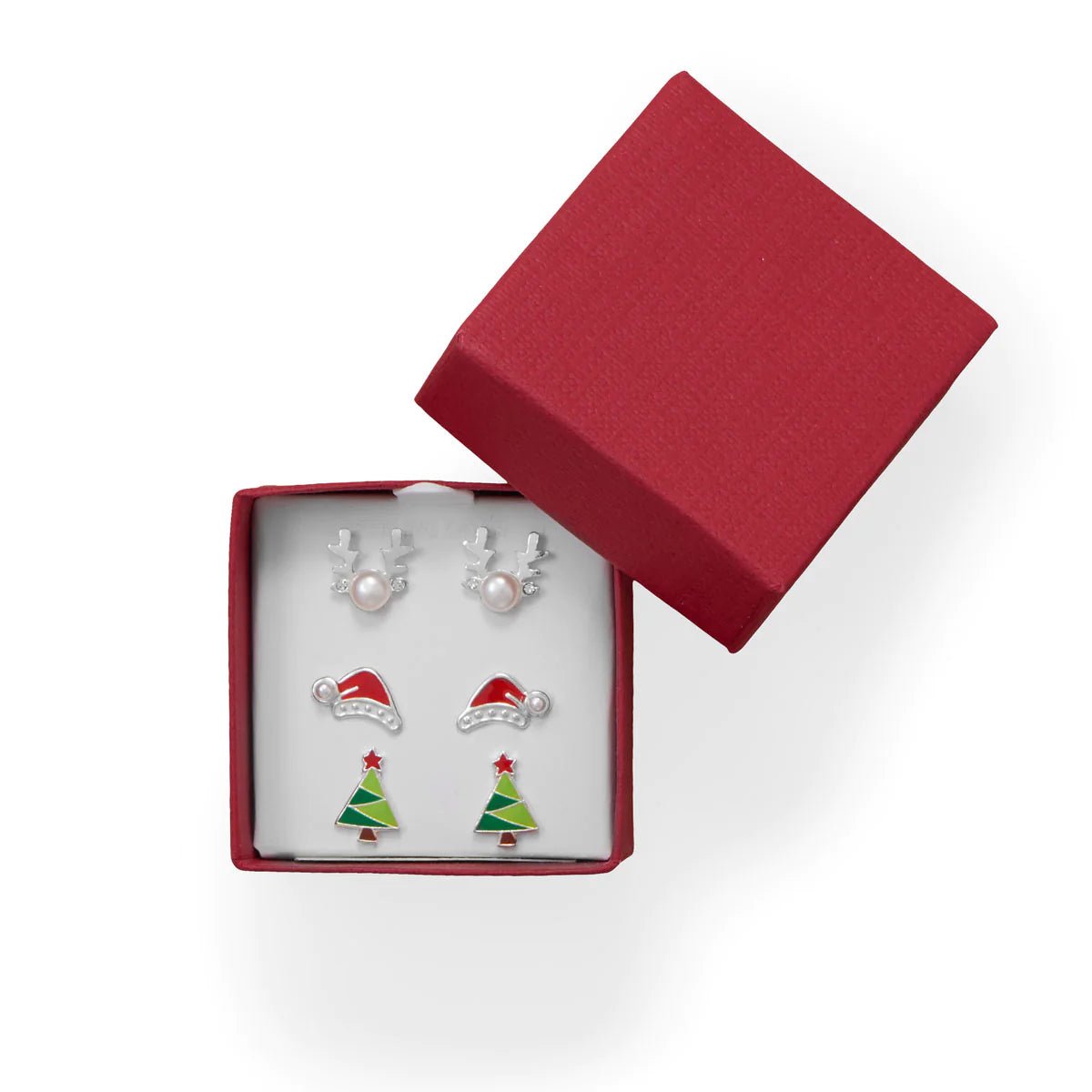 Sterling Silver Holiday Stud Earring Set, Reindeer with Crystal Pearl, Santa Hat with Enamel, Christmas Tree, 3 Pairs