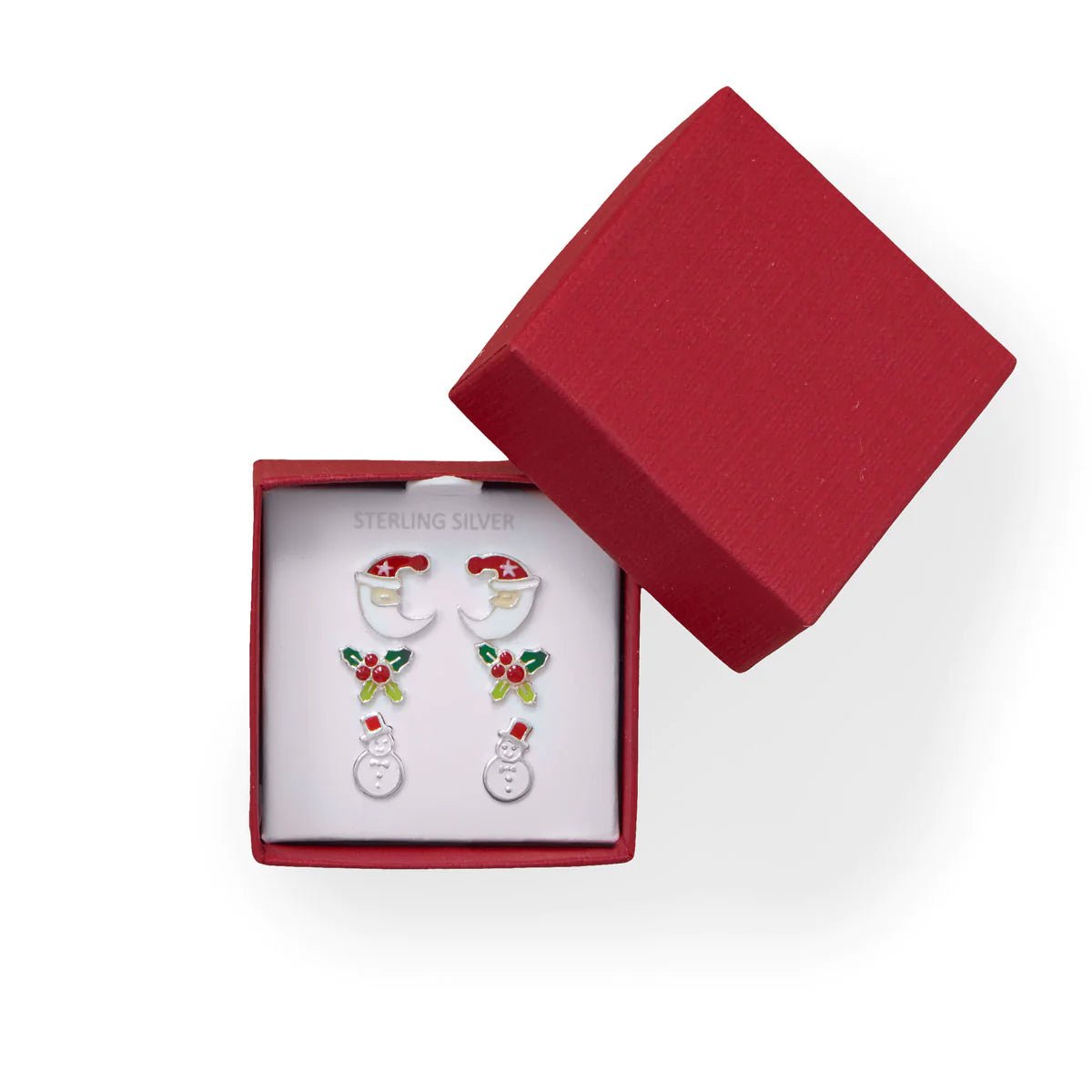 Sterling Silver Christmas Holiday Stud Earring Set, Santa Claus, Holly, Snowman Design, Enamel Accents, 8-9.5mm