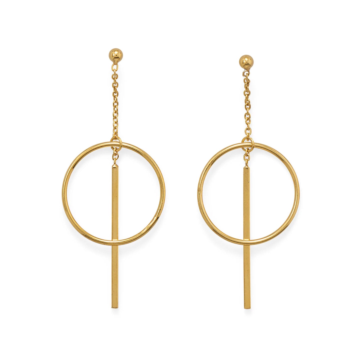 14 Karat Gold Plated Sterling Silver Bar Circle Drop Earrings, 53.5mm Length, Dangle Post Style