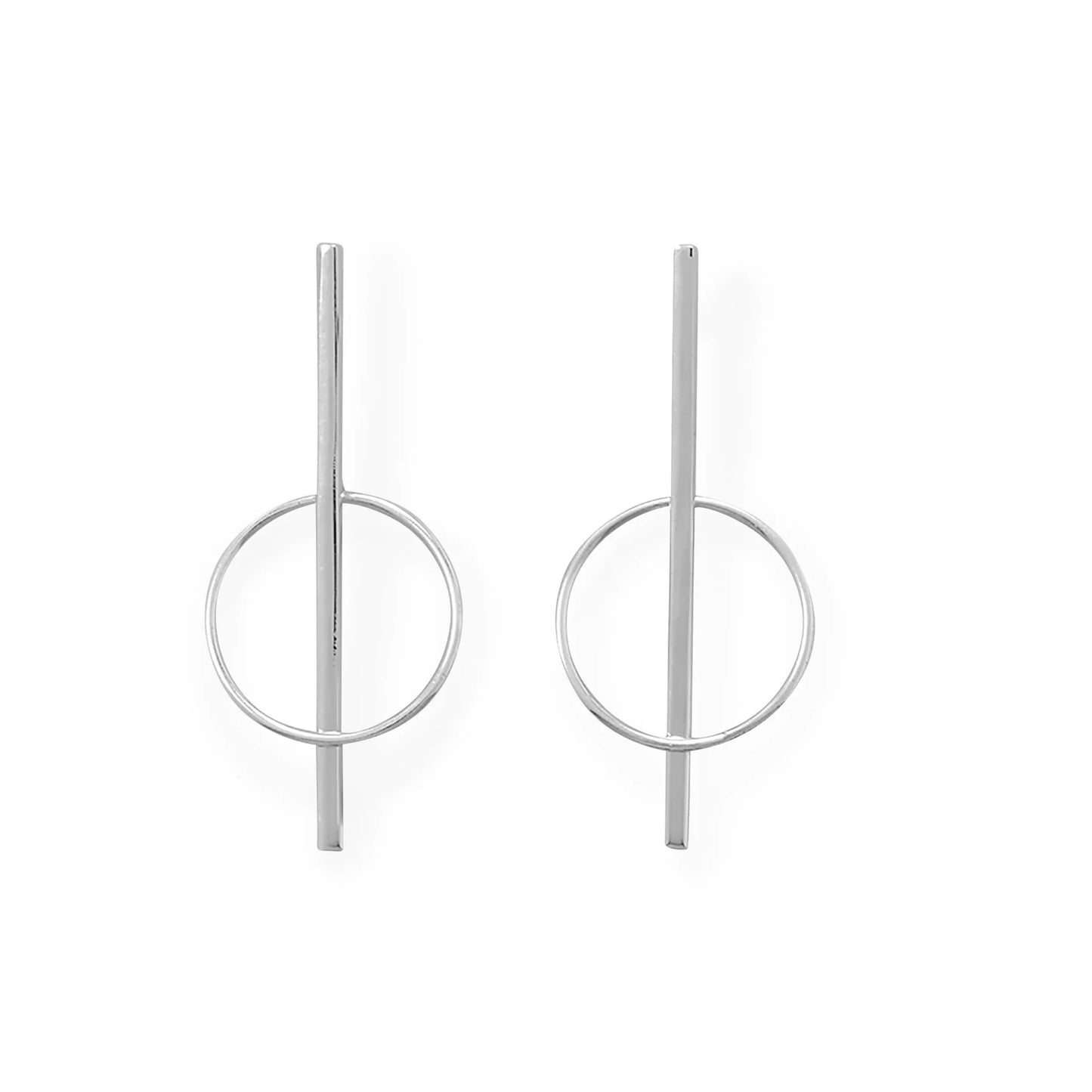 Sterling Silver Long Bar Circle Post Dangle Earrings, 53.5mm Length, 32mm Bar, 22mm Circle