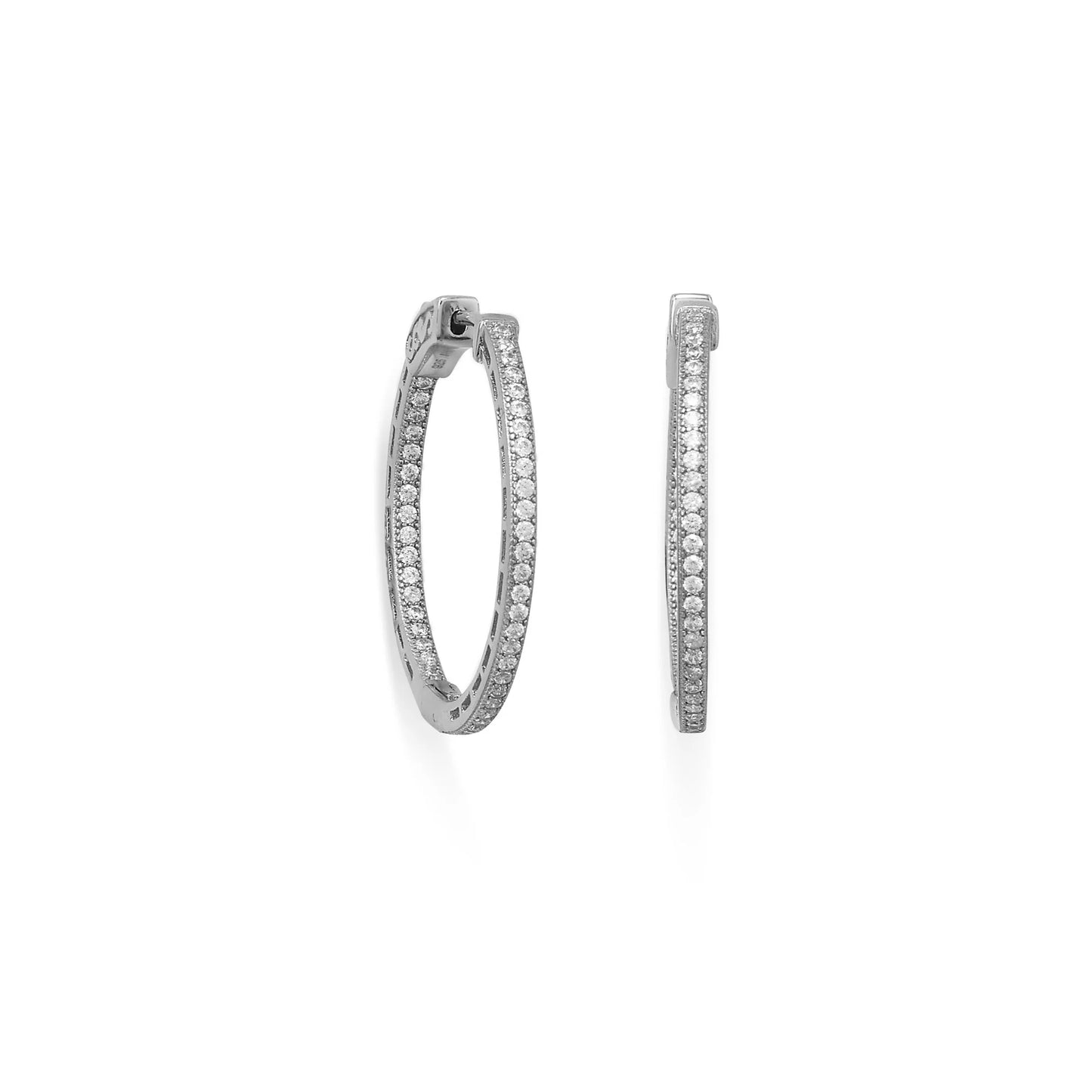 Sterling Silver Round In/Out Cubic Zirconia Hoop Earrings, Rhodium Plated, 30mm, Hidden Click Closure