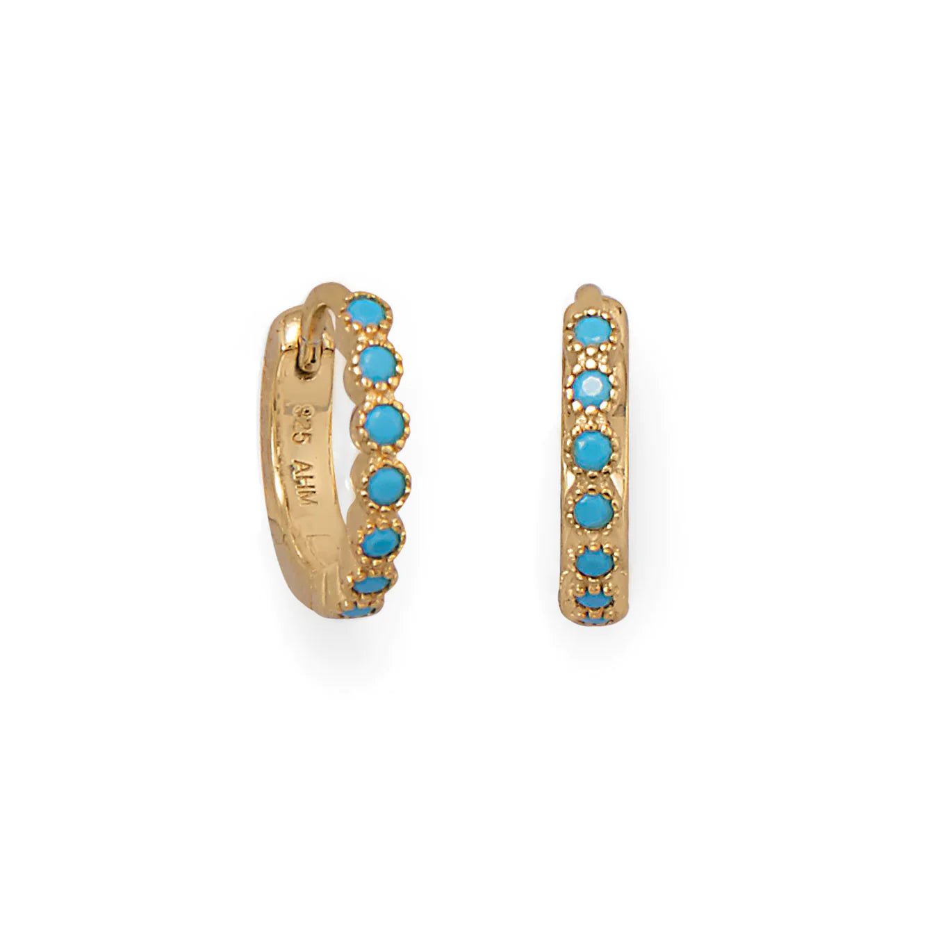 14 Karat Gold Plated Sterling Silver Hoop Earrings with Turquoise CZ Stones, 12.3mm, Click Closure