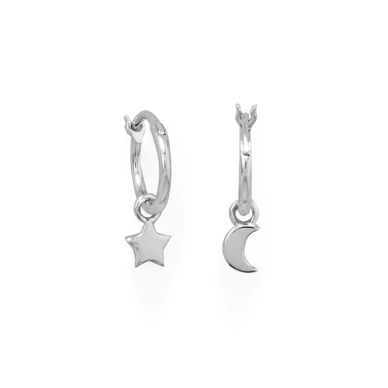 Sterling Silver Moon and Star Charm Hoop Earrings, Rhodium Plated, 11mm Click Hoops with 5.5mm Charms, Mismatched Design