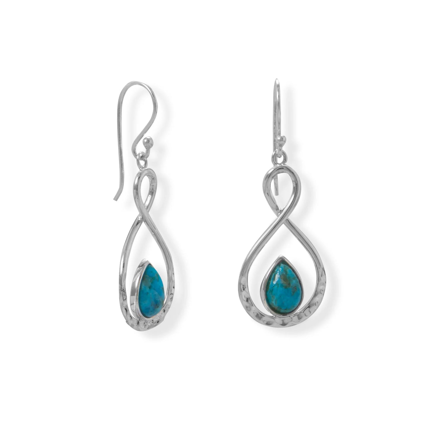 Sterling Silver Figure 8 French Wire Dangle Earrings, Turquoise Pear Shape Stone, 43mm Length