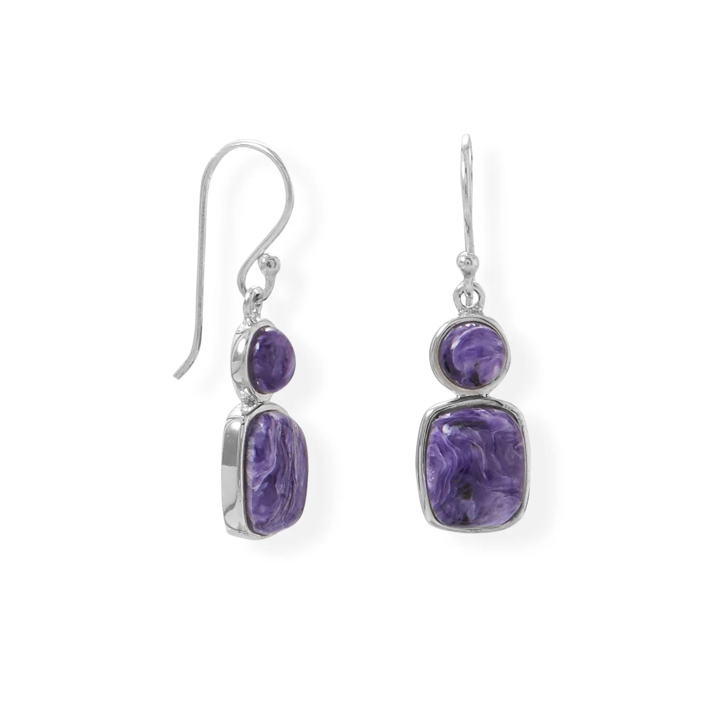 Sterling Silver Charoite Drop Earrings, Multi-Shape Design, 5.5mm Round and 10x8mm Rectangle, 33.6mm Length
