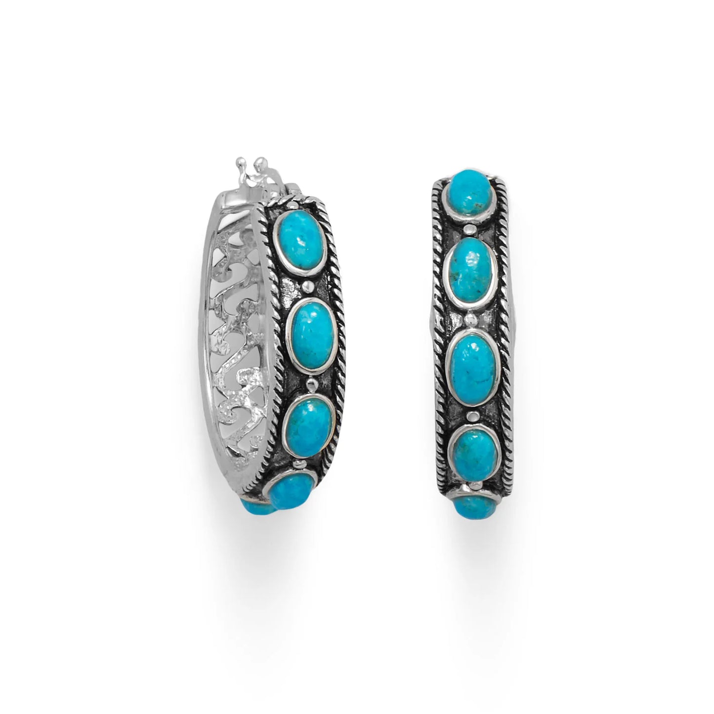 Sterling Silver Oxidized Turquoise Hoop Earrings, Filigree Design, 30mm Diameter, 5 Oval Stone Accents