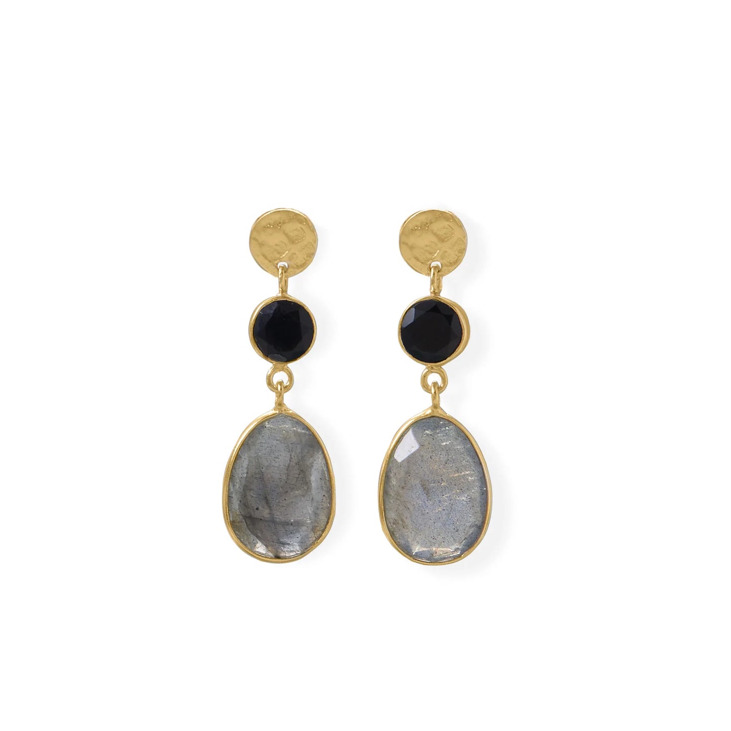 14 Karat Gold Plated Sterling Silver Dangle Earrings, Black Onyx and Labradorite, 34.5mm Length