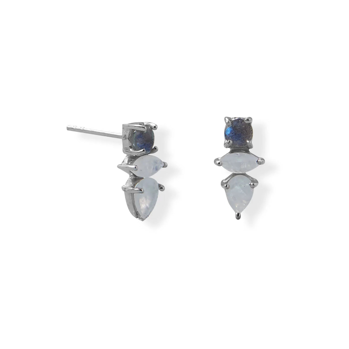 Sterling Silver Labradorite and Rainbow Moonstone Geometric Post Earrings, Rhodium Plated, 4mm-7.4mm