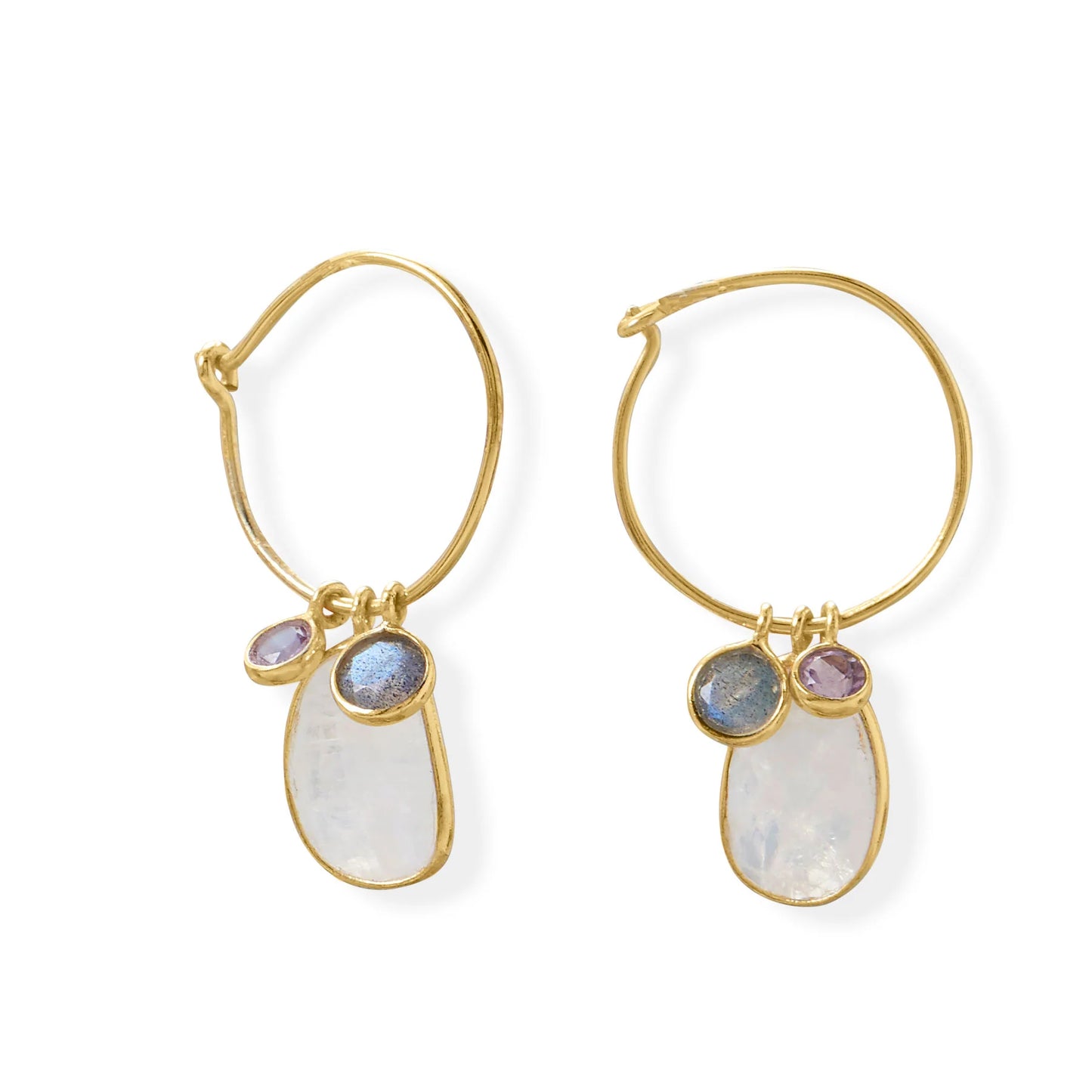 Sterling Silver Gemstone Hoop Earrings, 14K Gold Plated, Amethyst, Labradorite, Rainbow Moonstone, 19mm