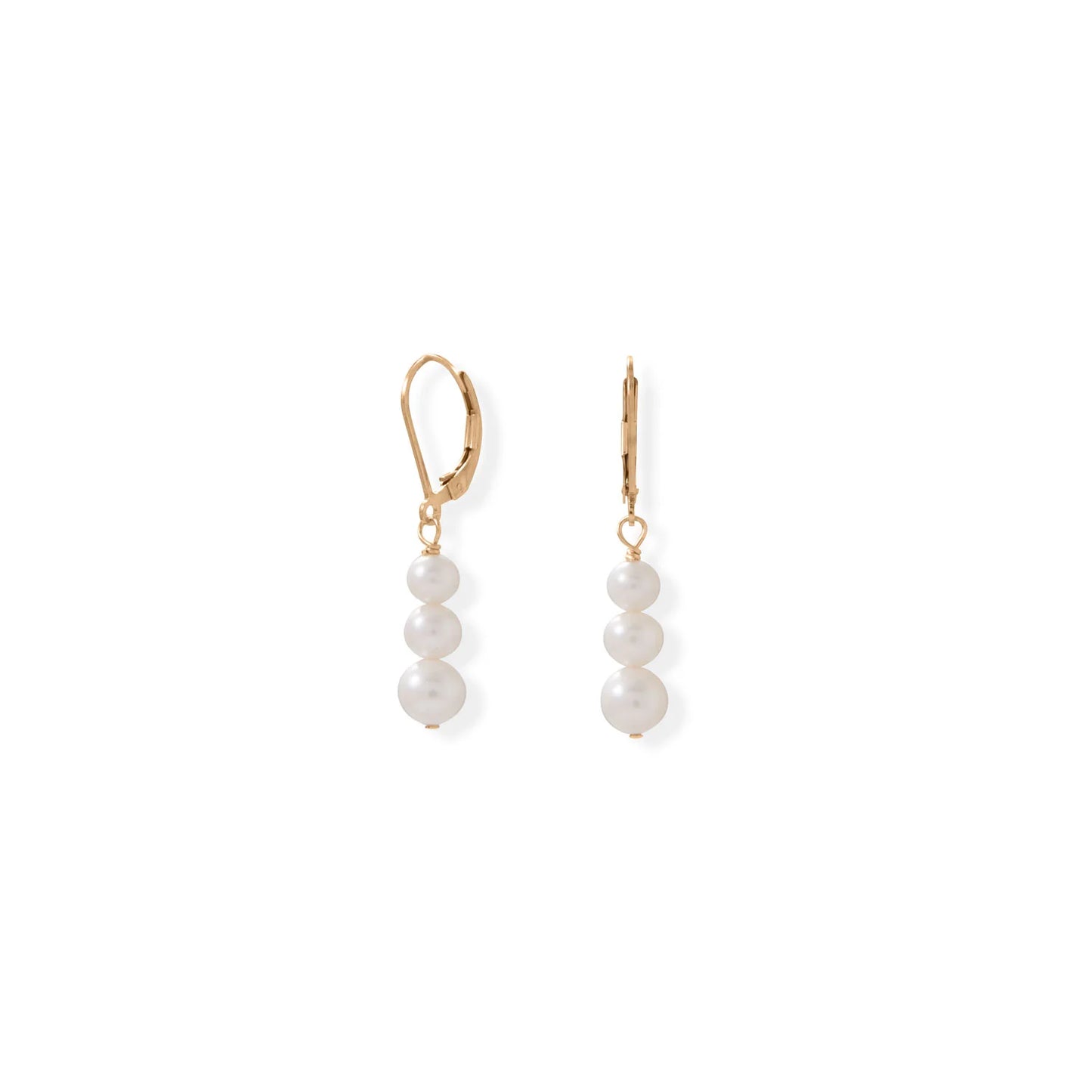 14/20 Gold Filled Cultured Freshwater Pearl Stacked Lever Earrings, 5-6.5mm Pearls, 35.5mm Length