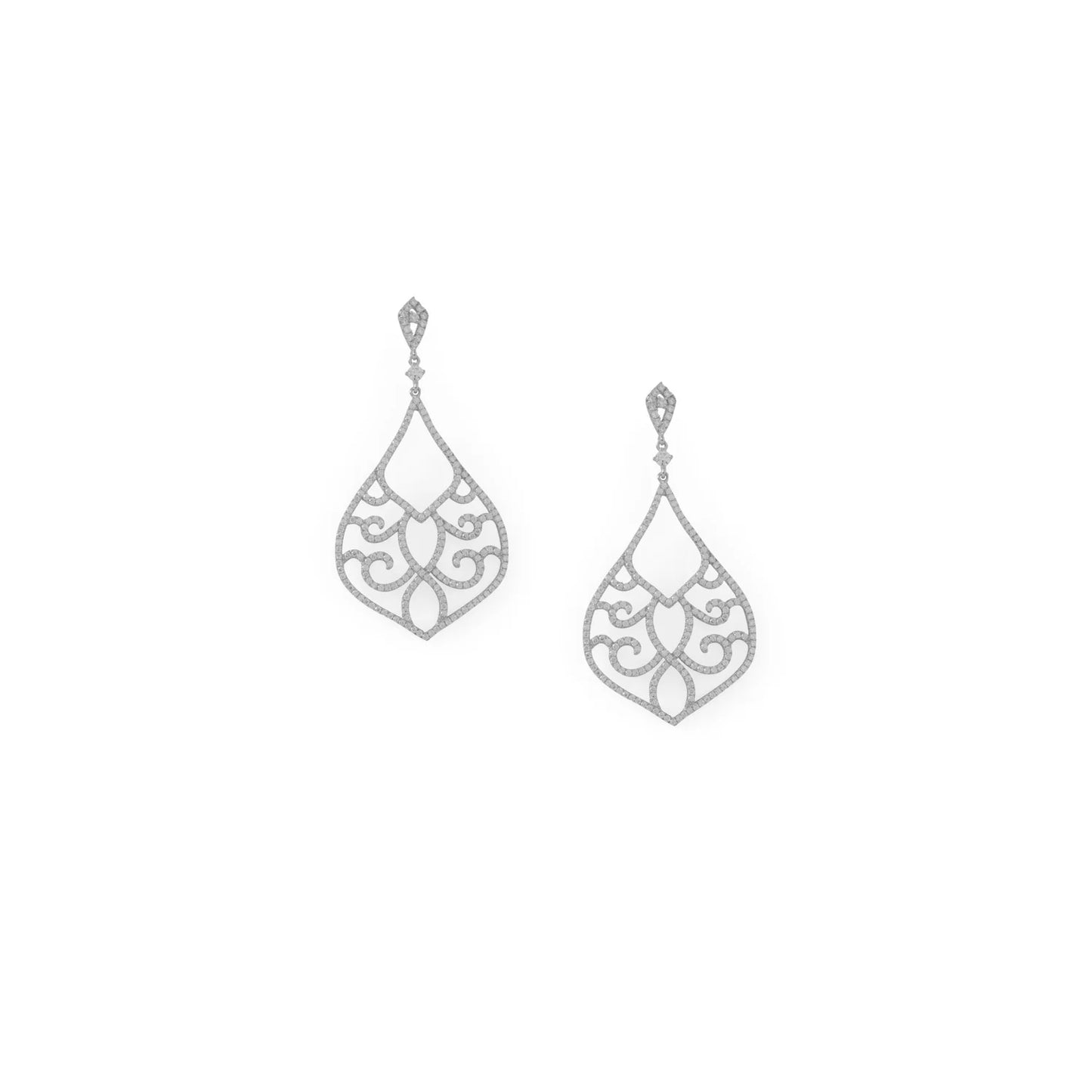 Rhodium Plated Sterling Silver Raindrop Chandelier Earrings, CZ, 2.6 Inch Drop Length, Ornate Design