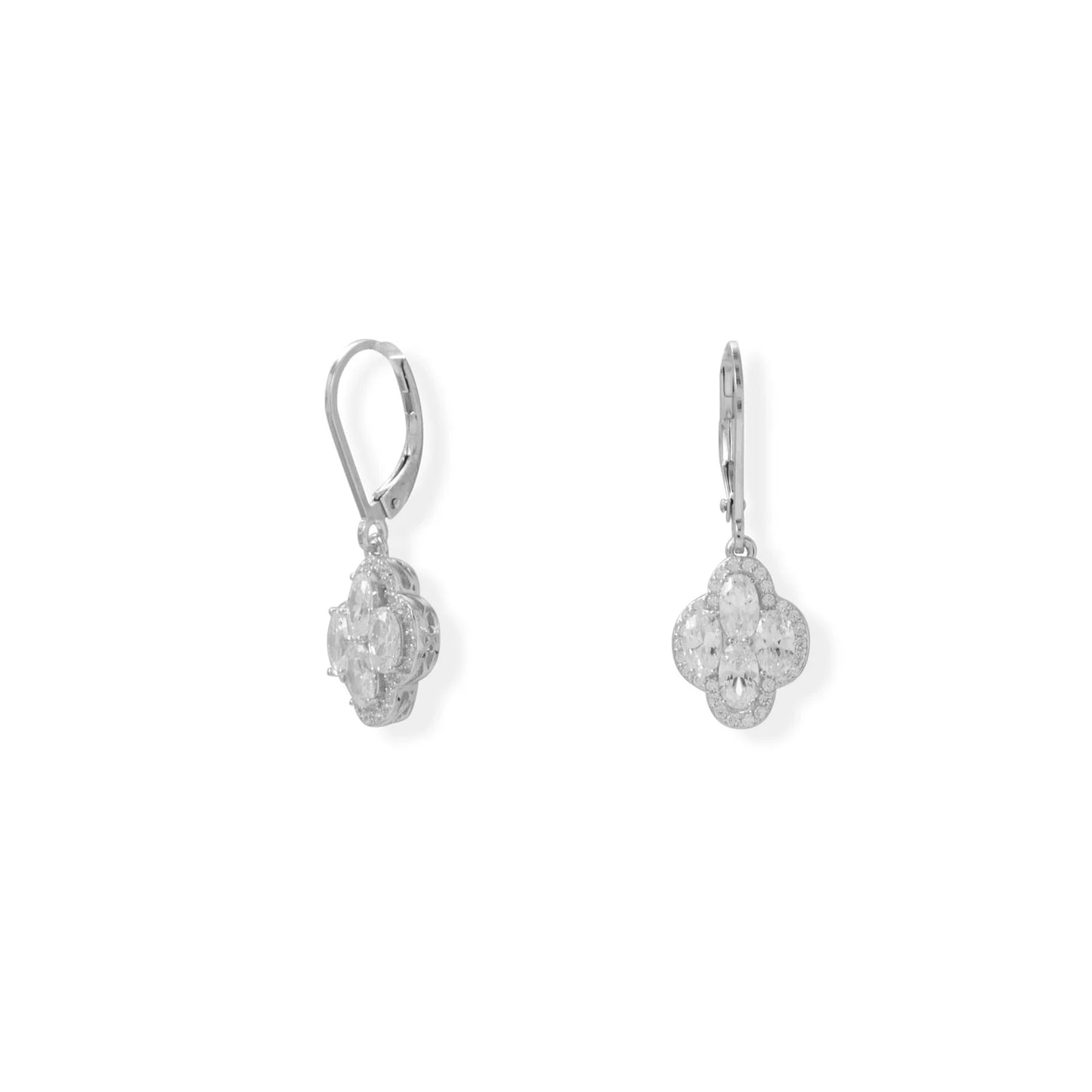 Sterling Silver Rhodium Plated Oval CZ Drop Lever Earrings, Four Stone Clover Design with Halo Edge, 30.5mm Length