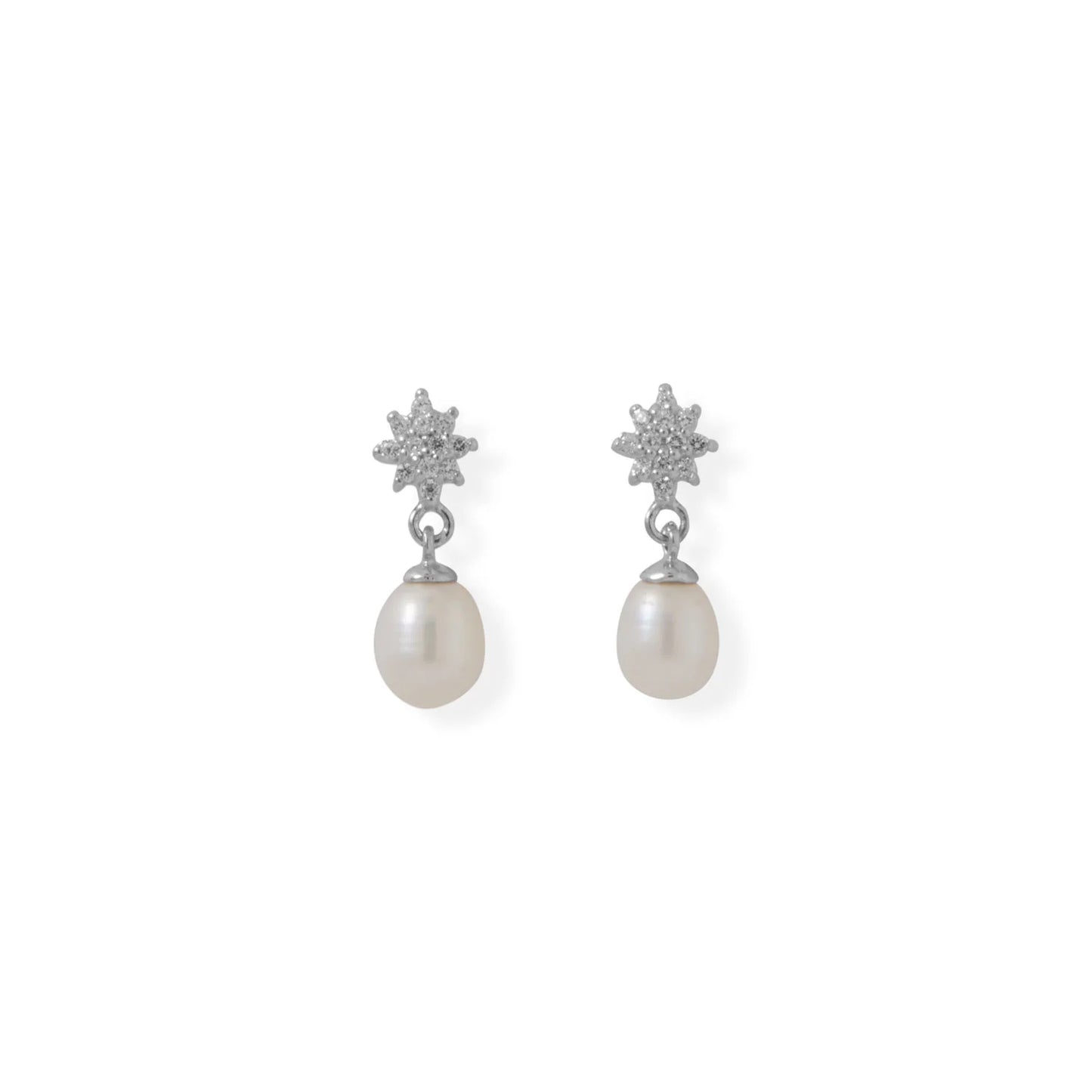 Sterling Silver CZ Flower Post Earrings with Cultured Freshwater Pearl Drop, Rhodium Plated, 35.6mm Length