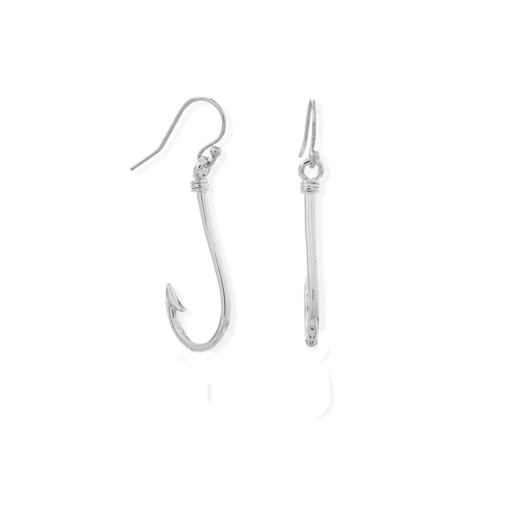 Sterling Silver Fish Hook Dangle Earrings, Rhodium Plated, 42mm Length, French Wire, Handcrafted