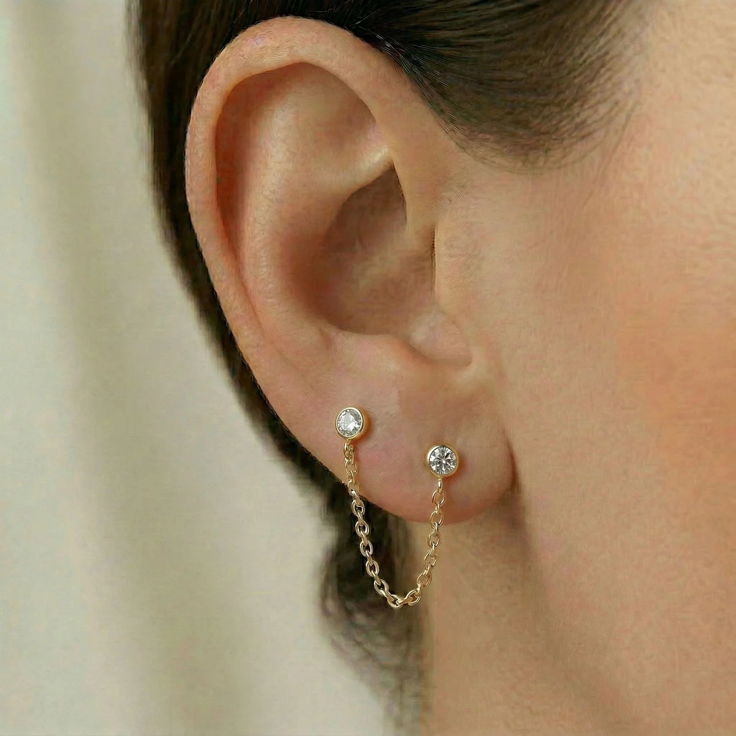 CZ Double Post Chain Stud Earrings 14K Gold Plated 925 Sterling Silver 25.4mm